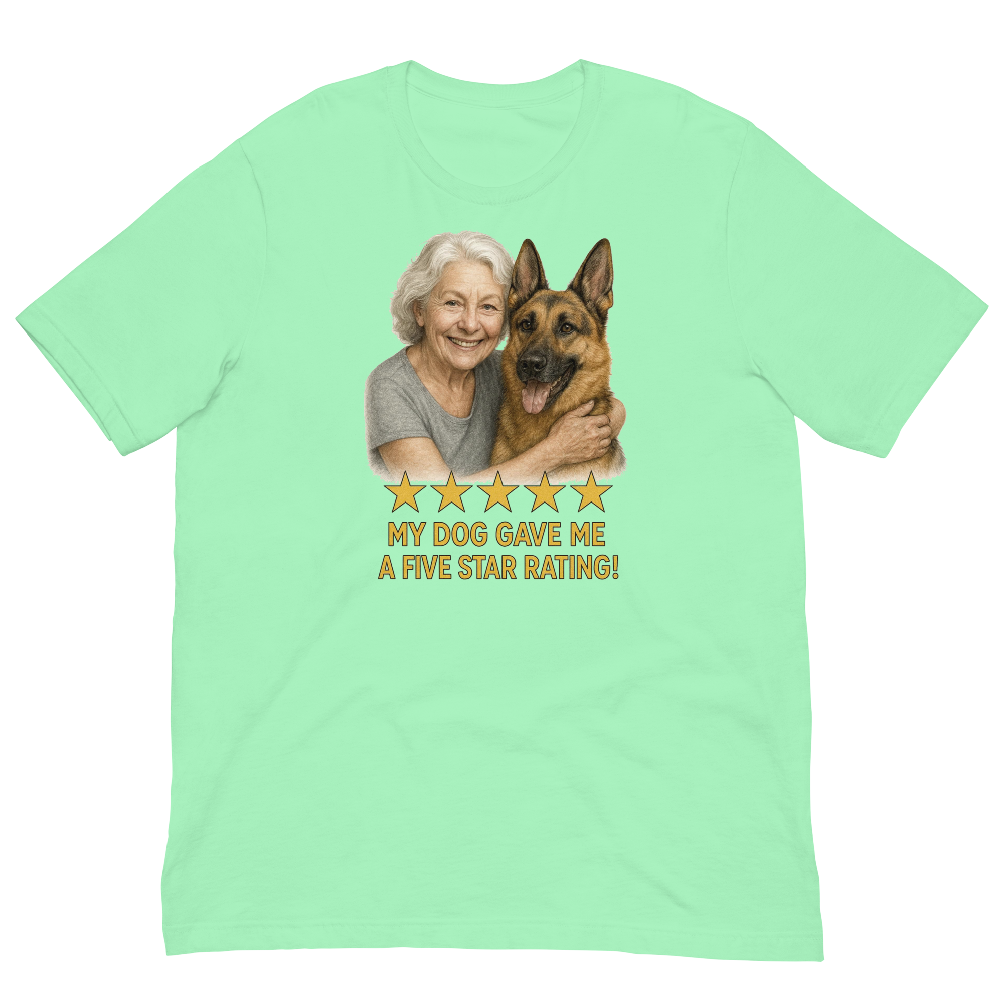 White Hair Woman with German Shepherd graphic tee.