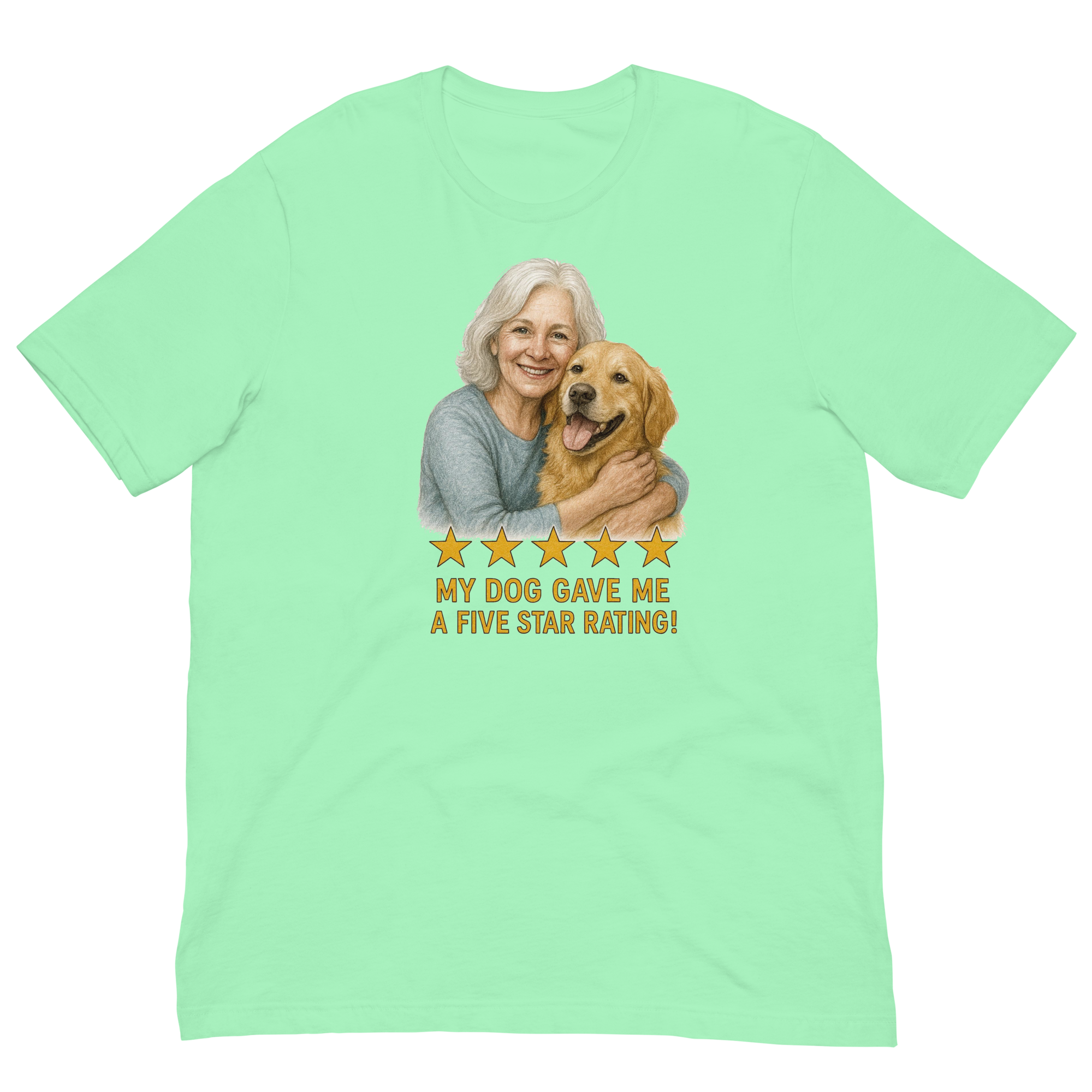 White Hair Woman with Golden Retriever graphic tee.