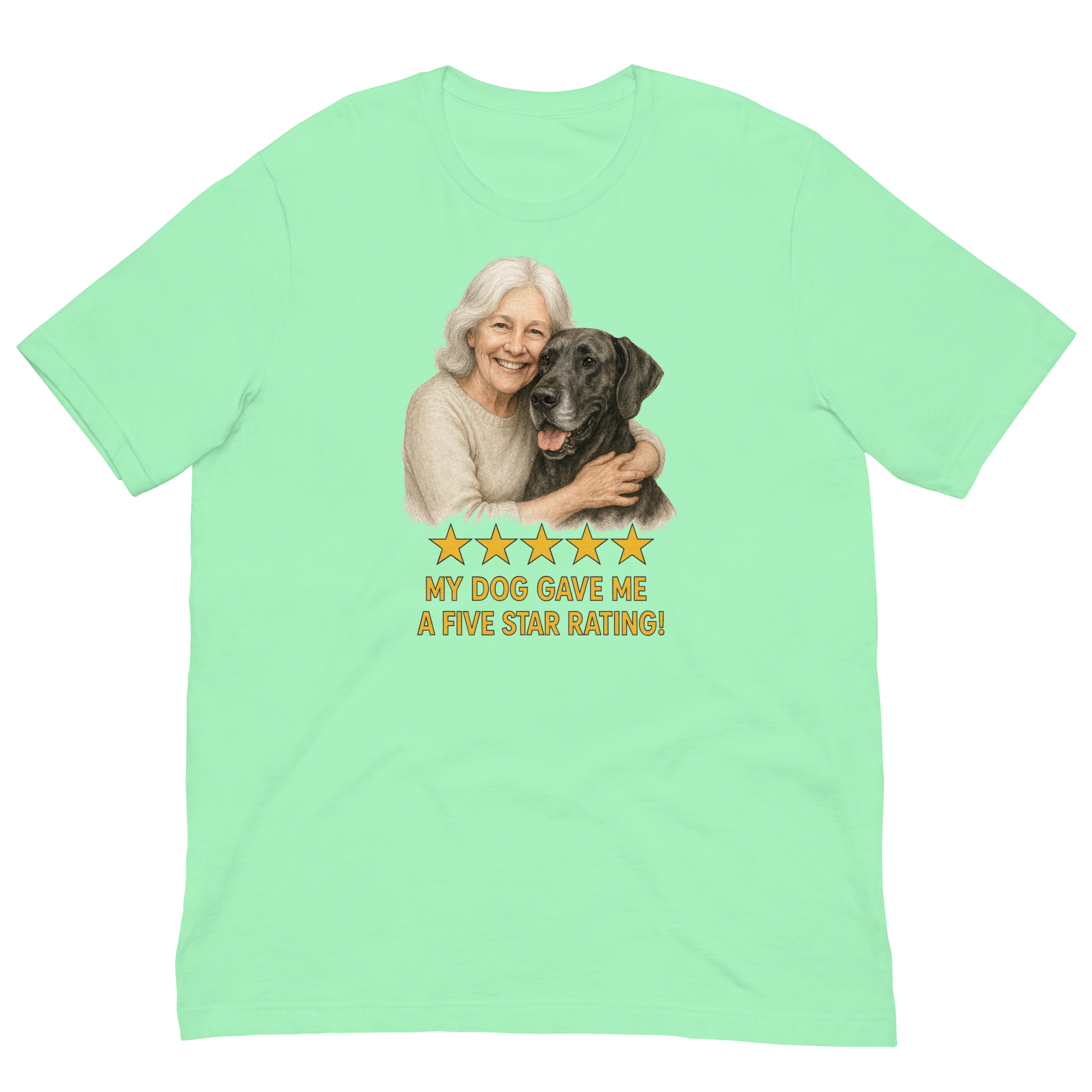 White Hair Woman with Great Dane graphic tee.