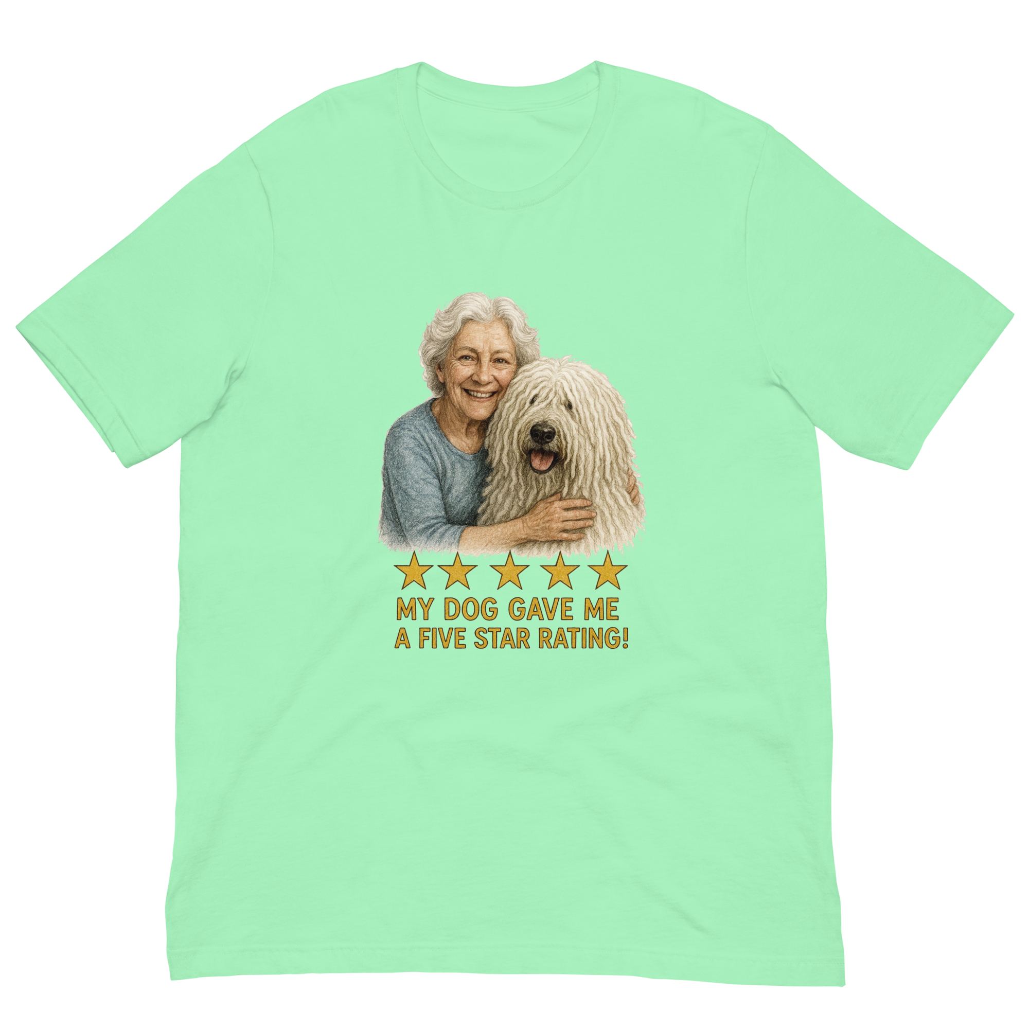 White Hair Woman with Komondor graphic tee.
