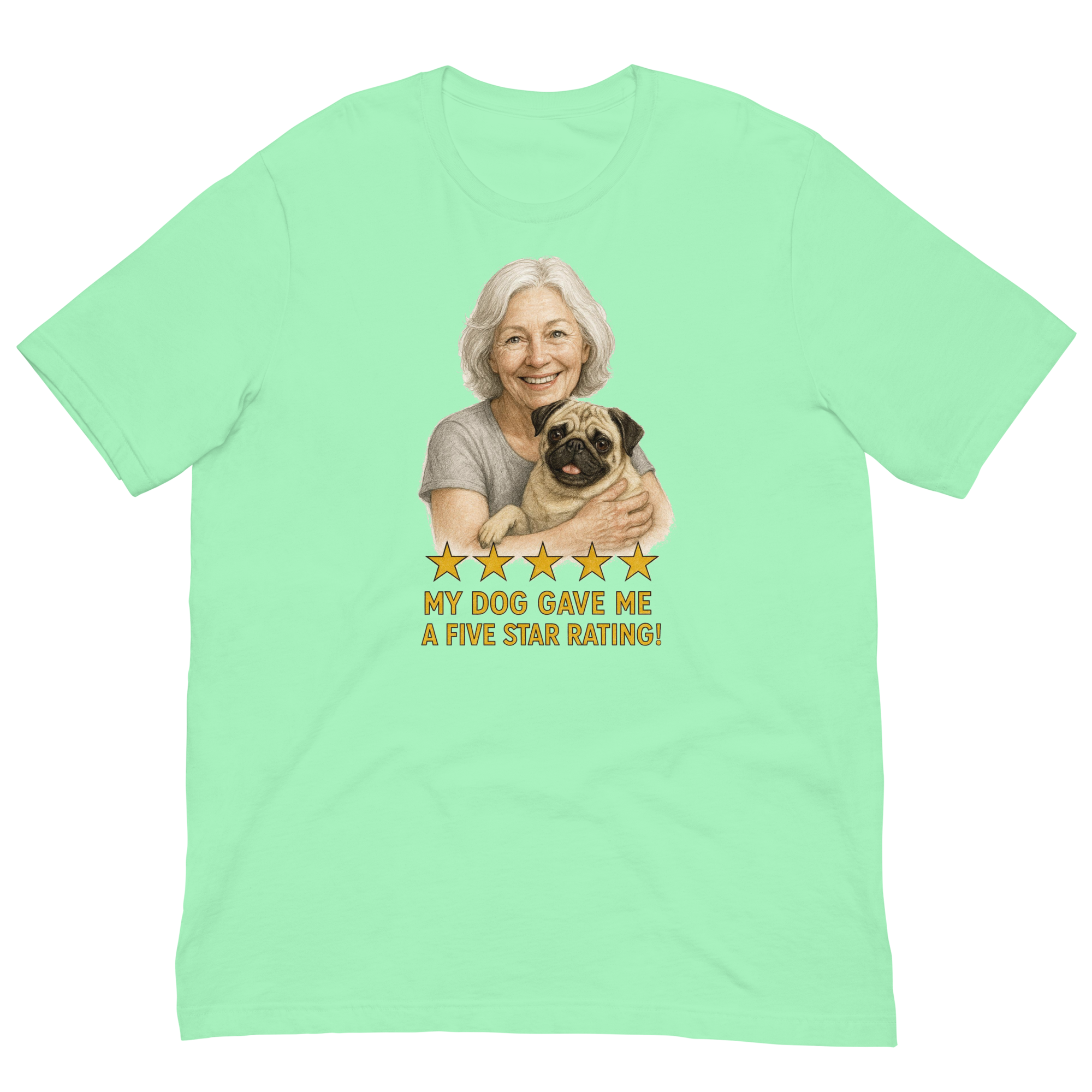 White Hair Woman with Pug graphic tee.