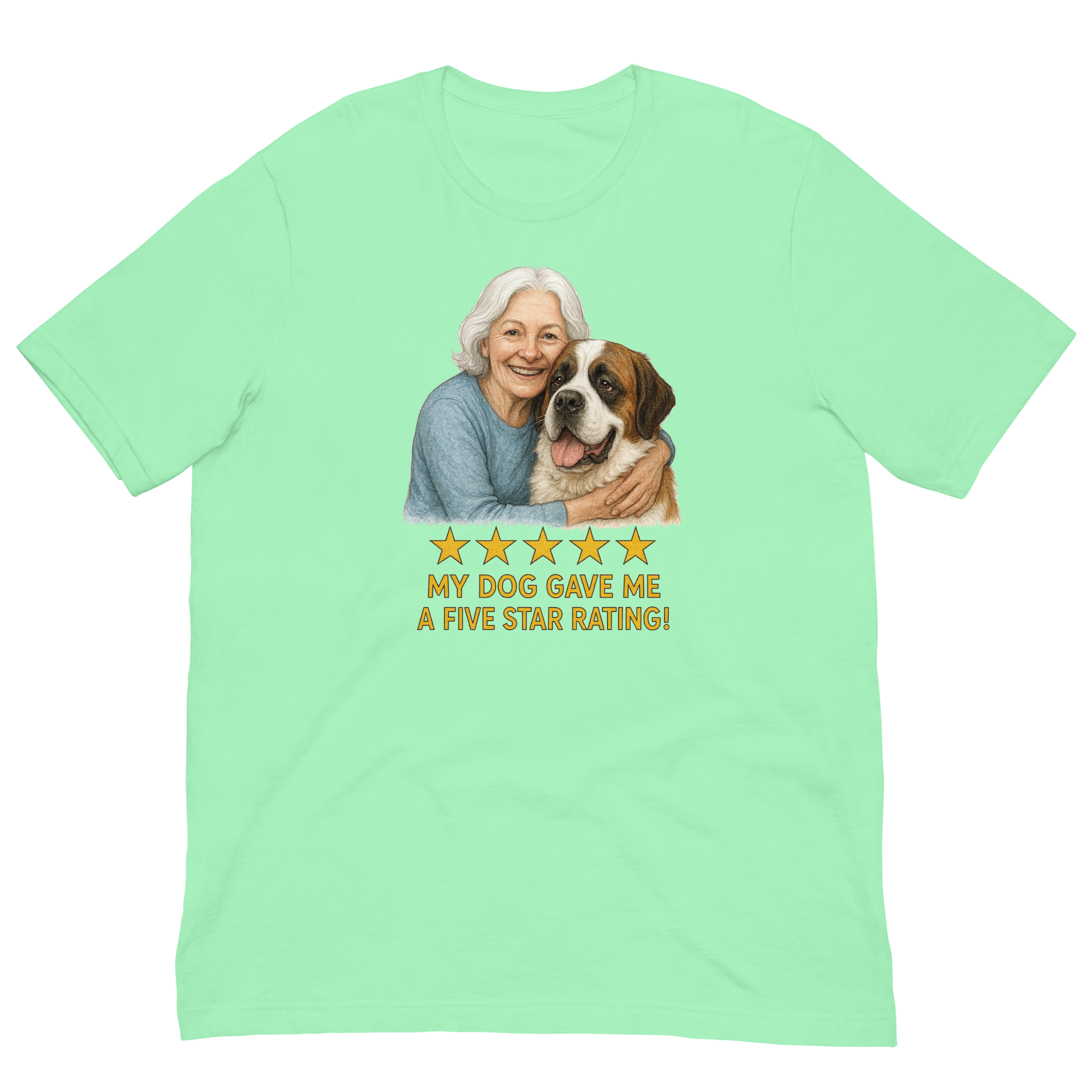 White Hair Woman with Saint Bernard graphic tee.