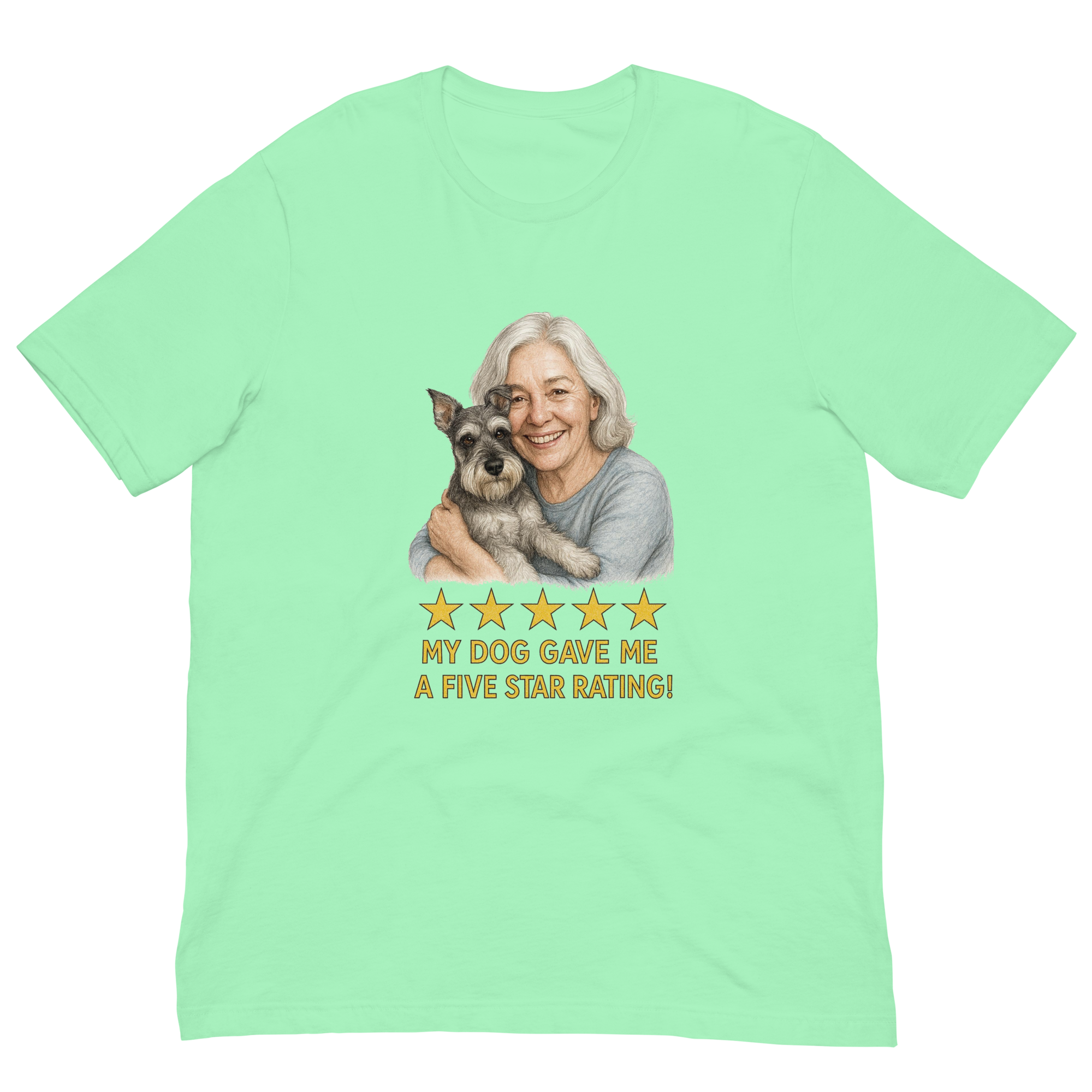 White Hair Woman with Schnauzer graphic tee.