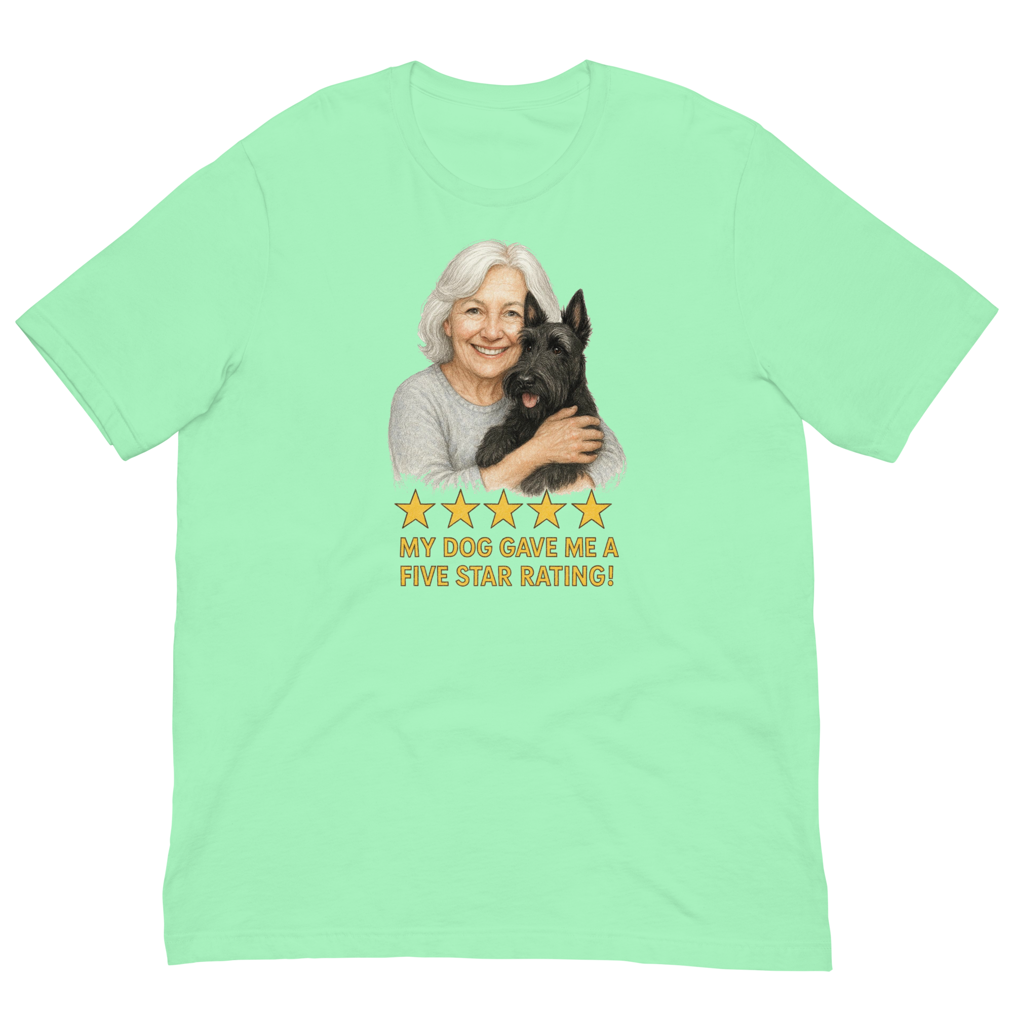 White Hair Woman with Scottie graphic tee.