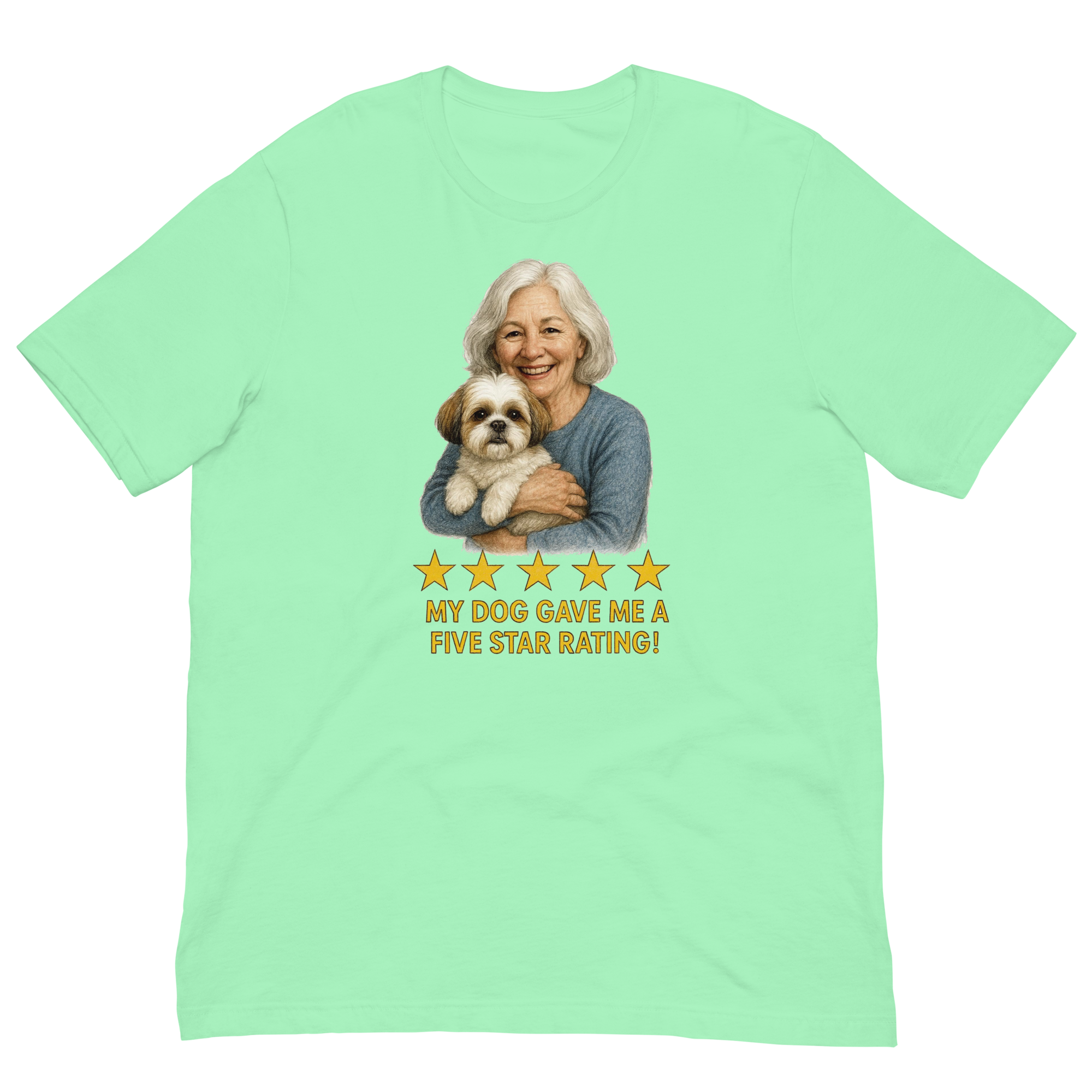 White Hair Woman with Shih Tzu graphic tee.