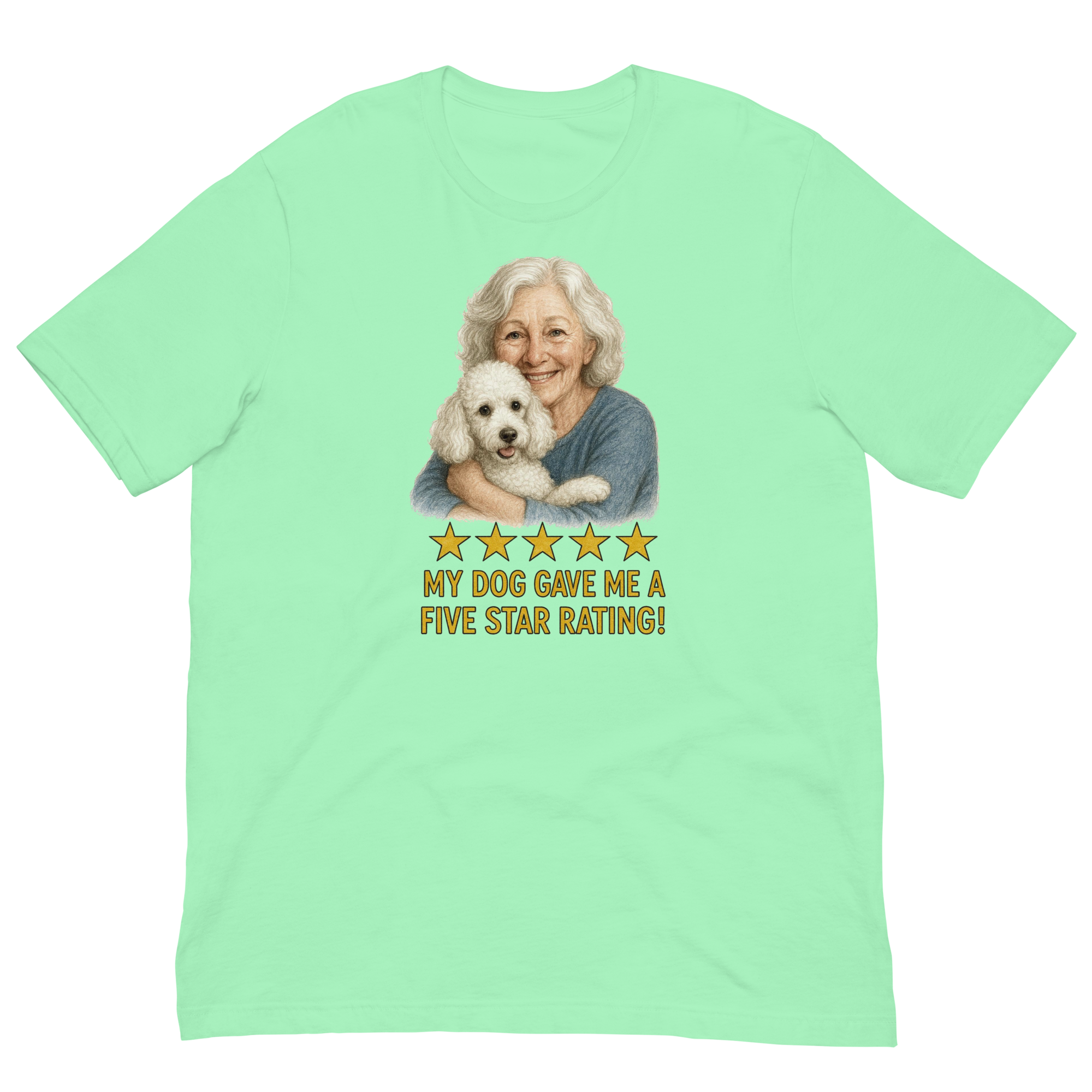 White Hair Woman with White Poodle graphic tee.