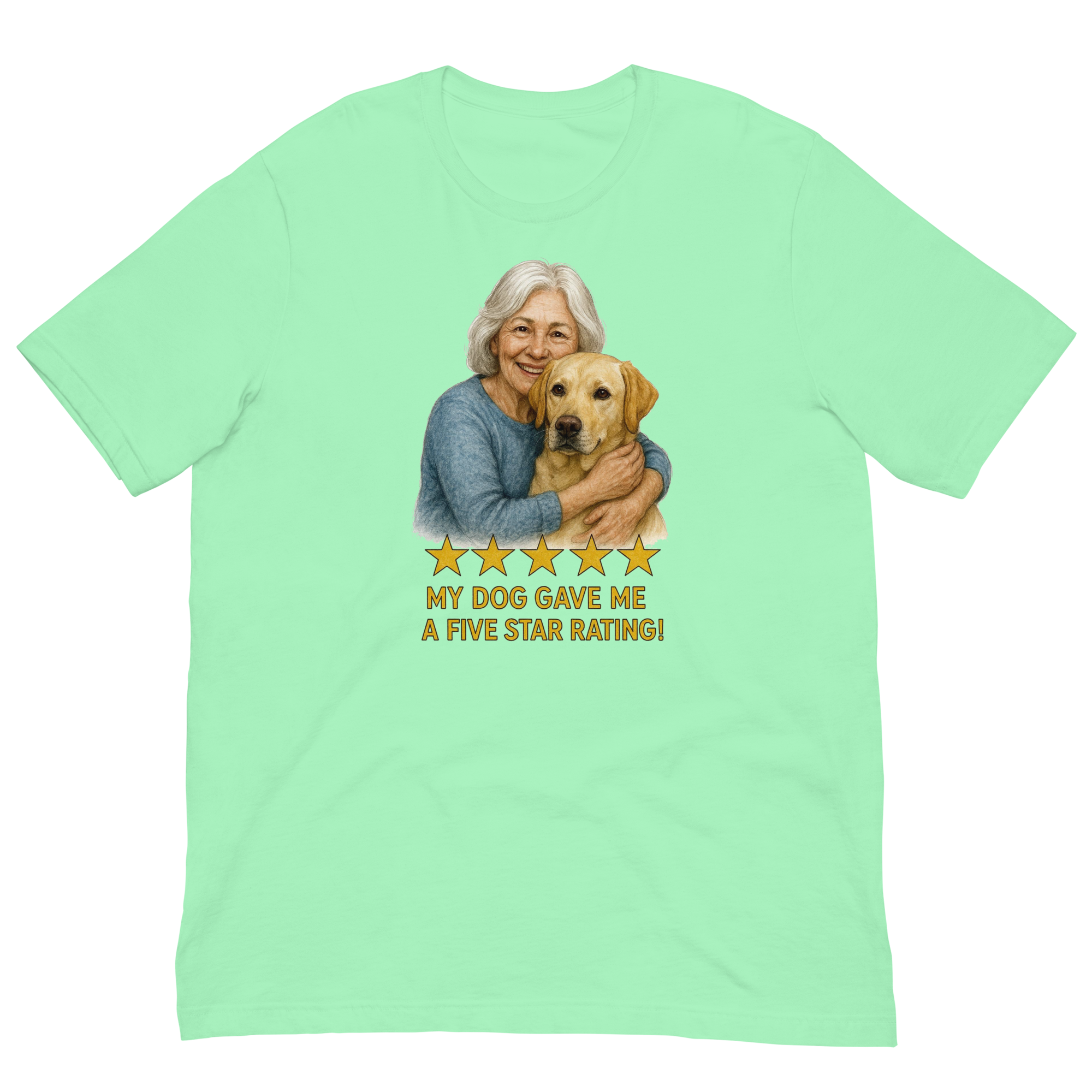 White Hair Woman with Yellow Labrador graphic tee.
