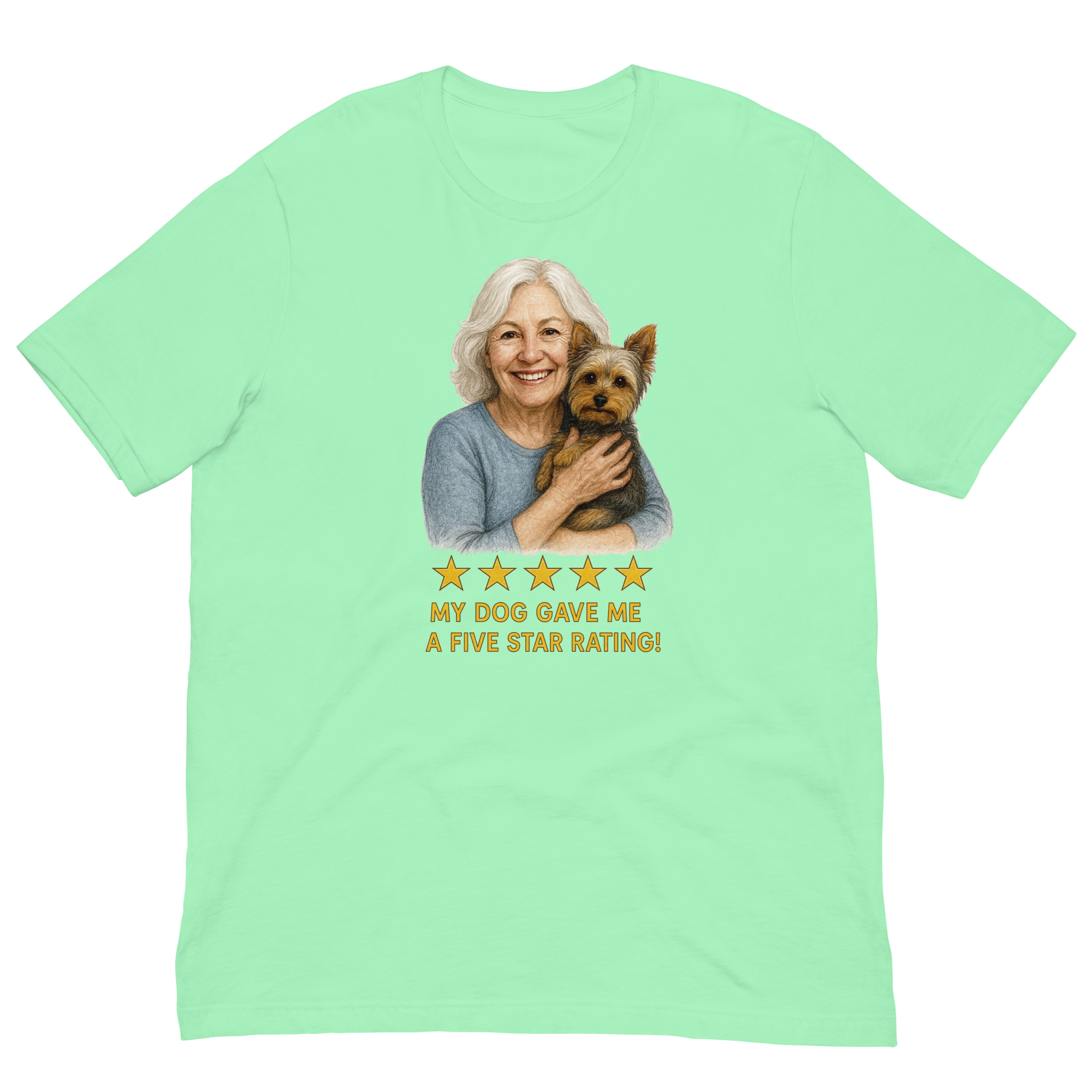 White Hair Woman with Yorkie graphic tee.