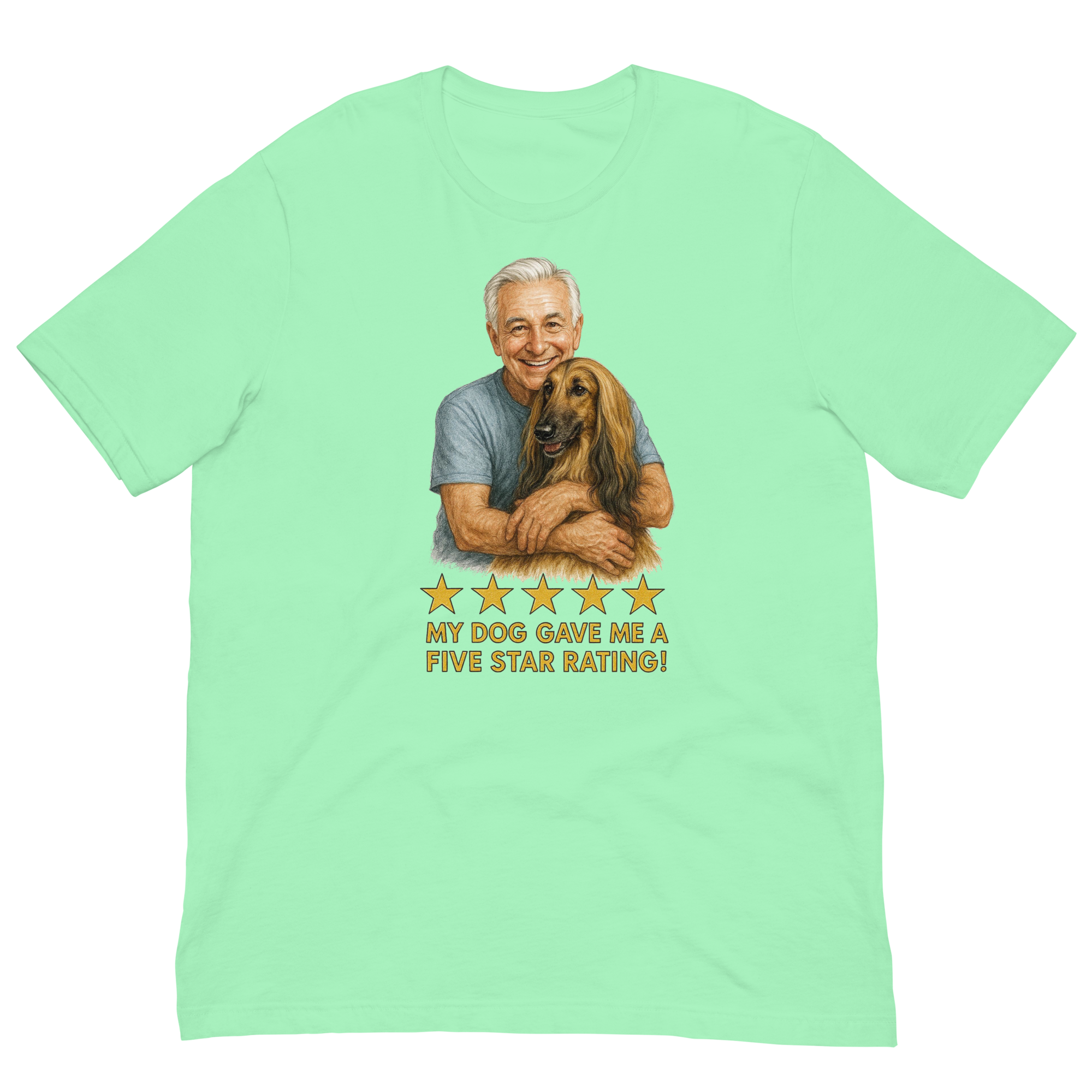 White Hair Man with Afghan Hound graphic tee.