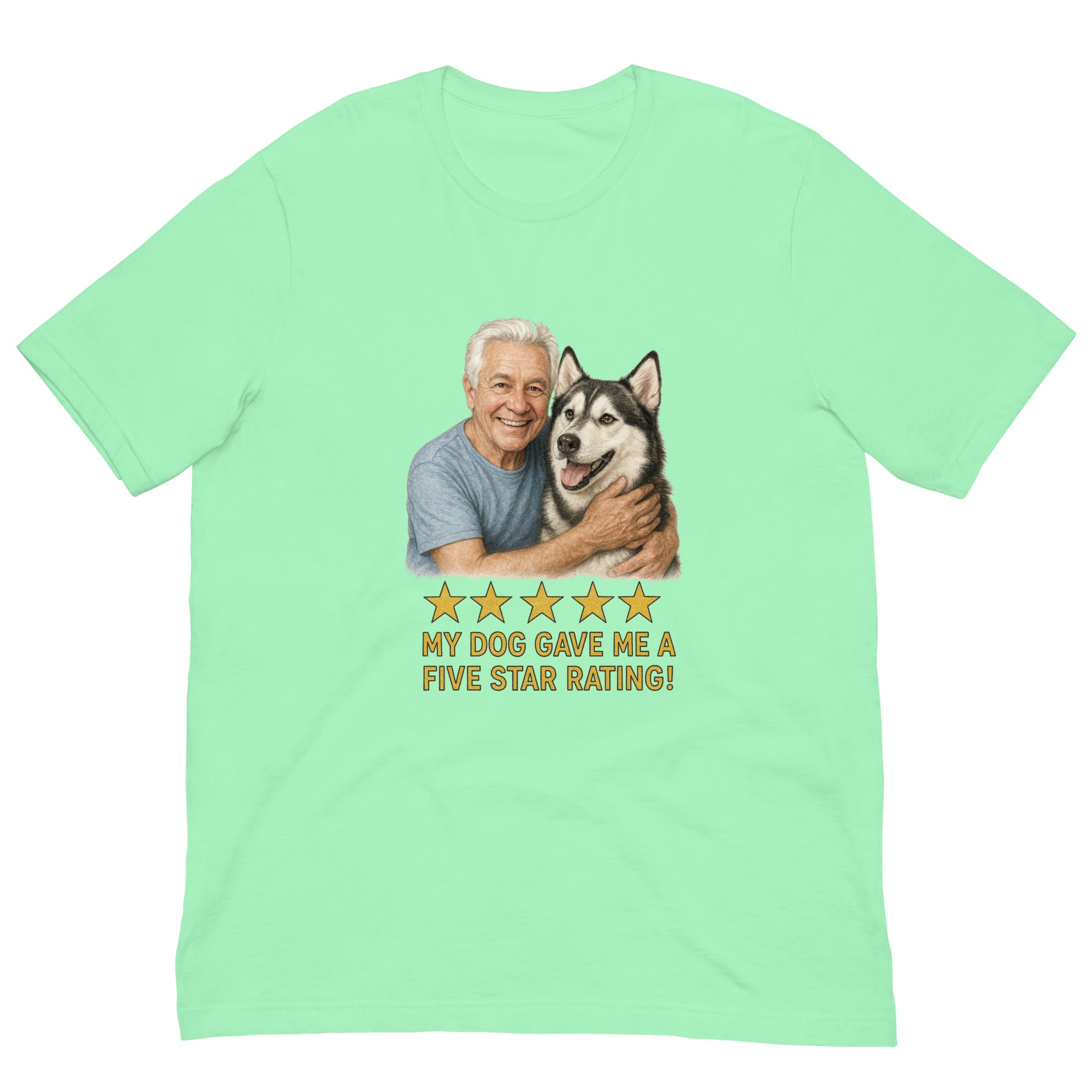 White Hair Man with Alaskan Husky graphic tee.