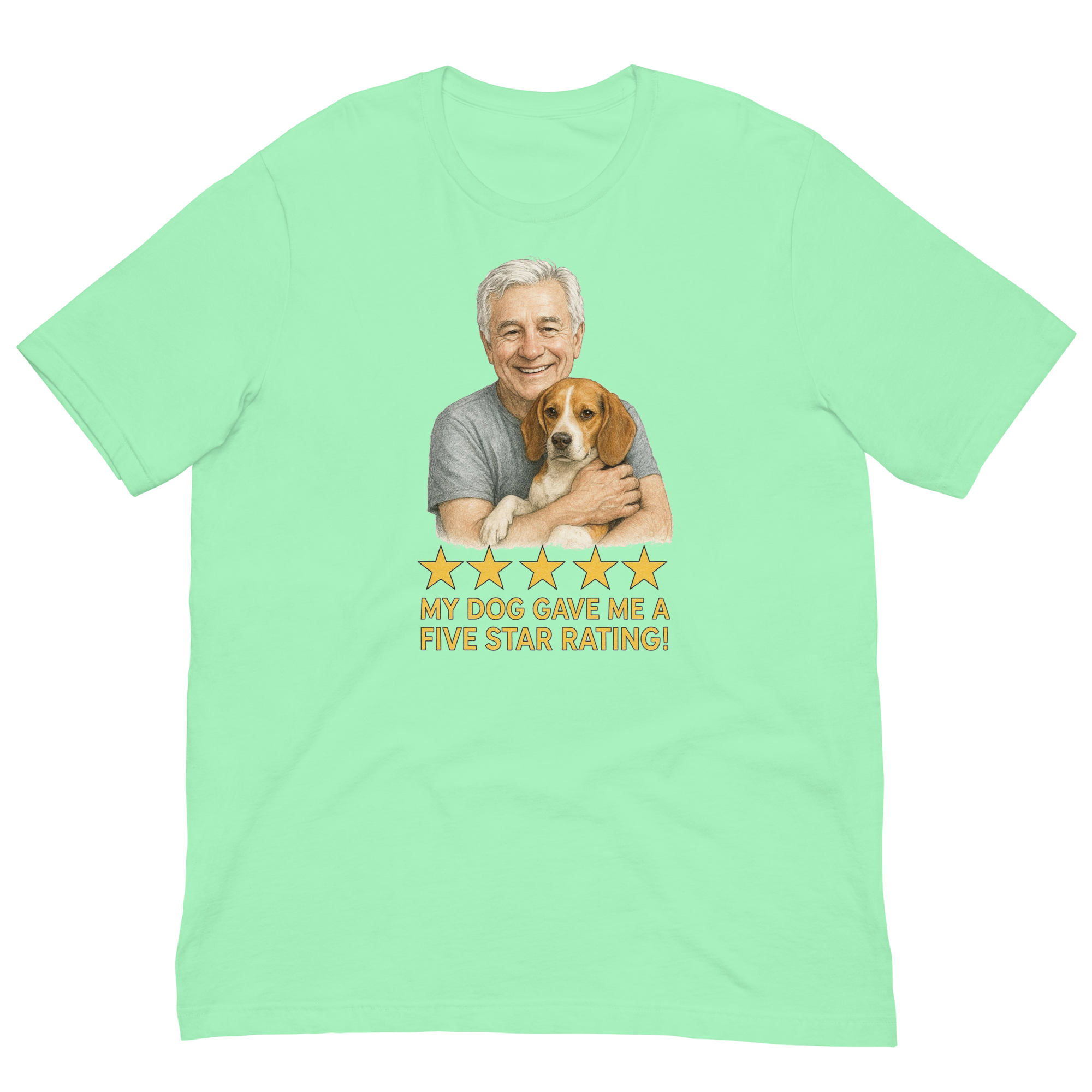 White Hair Man with Beagle graphic tee.