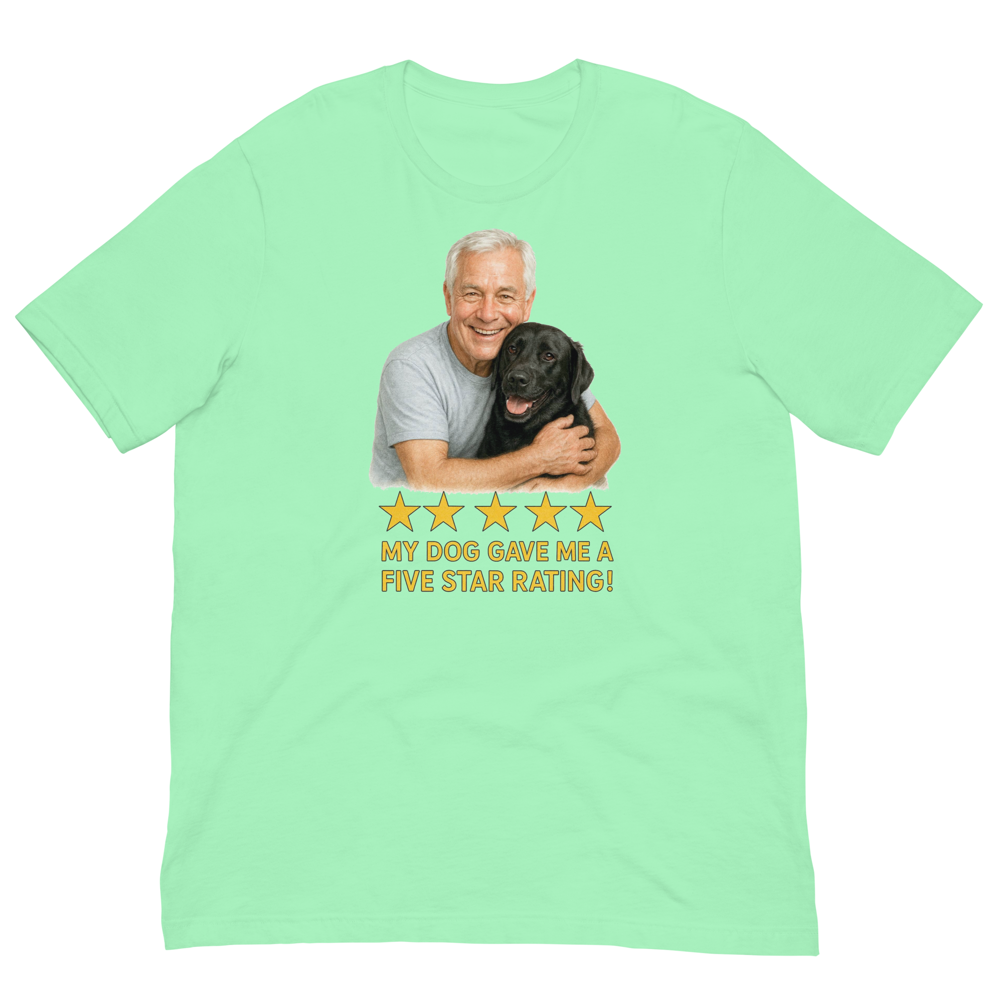 White Hair Man with Black Labrador graphic tee.
