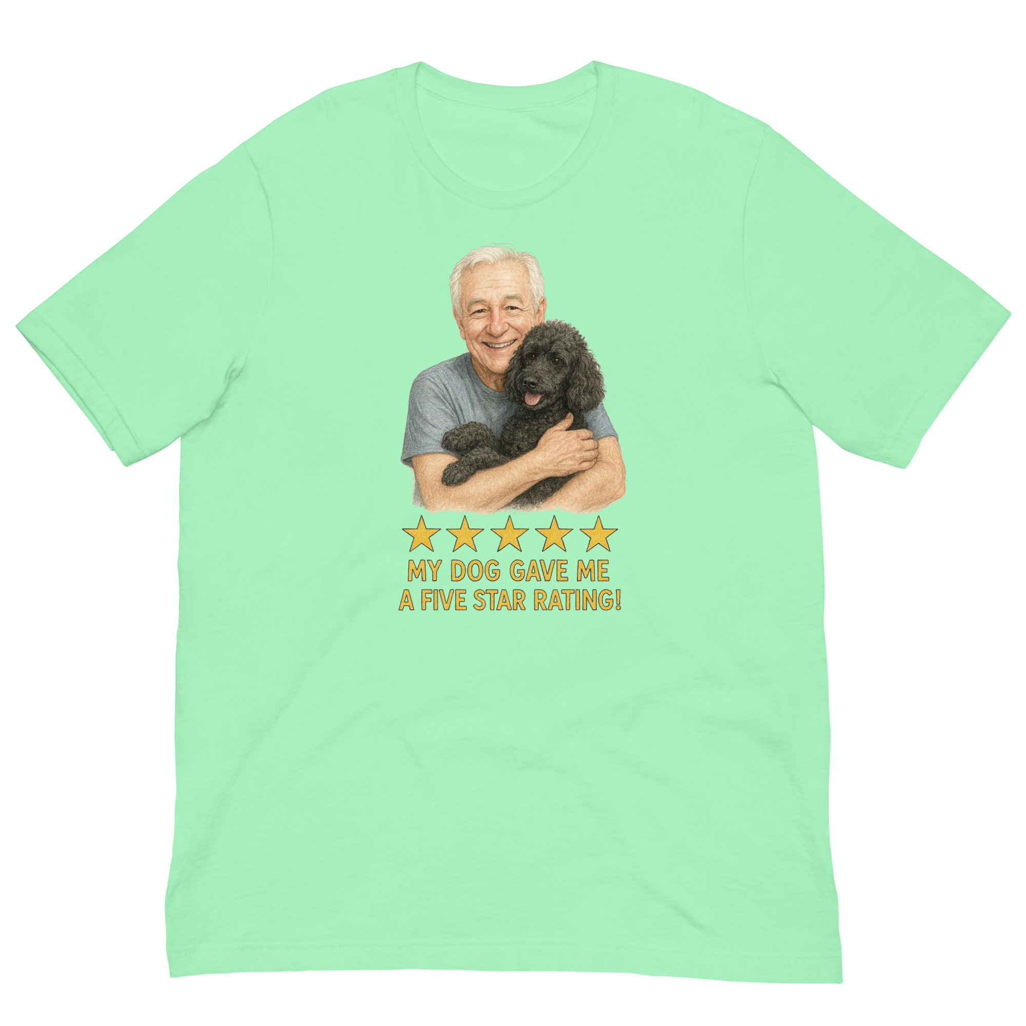 White Hair Man with Black Poodle graphic tee.