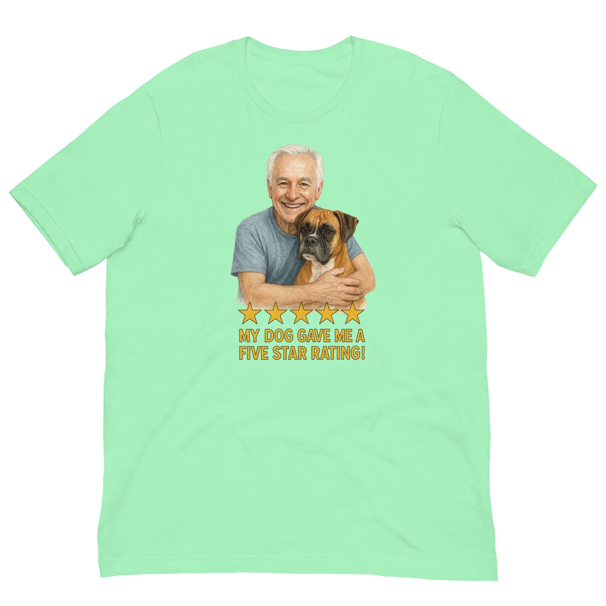White Hair Man with Boxer graphic tee.