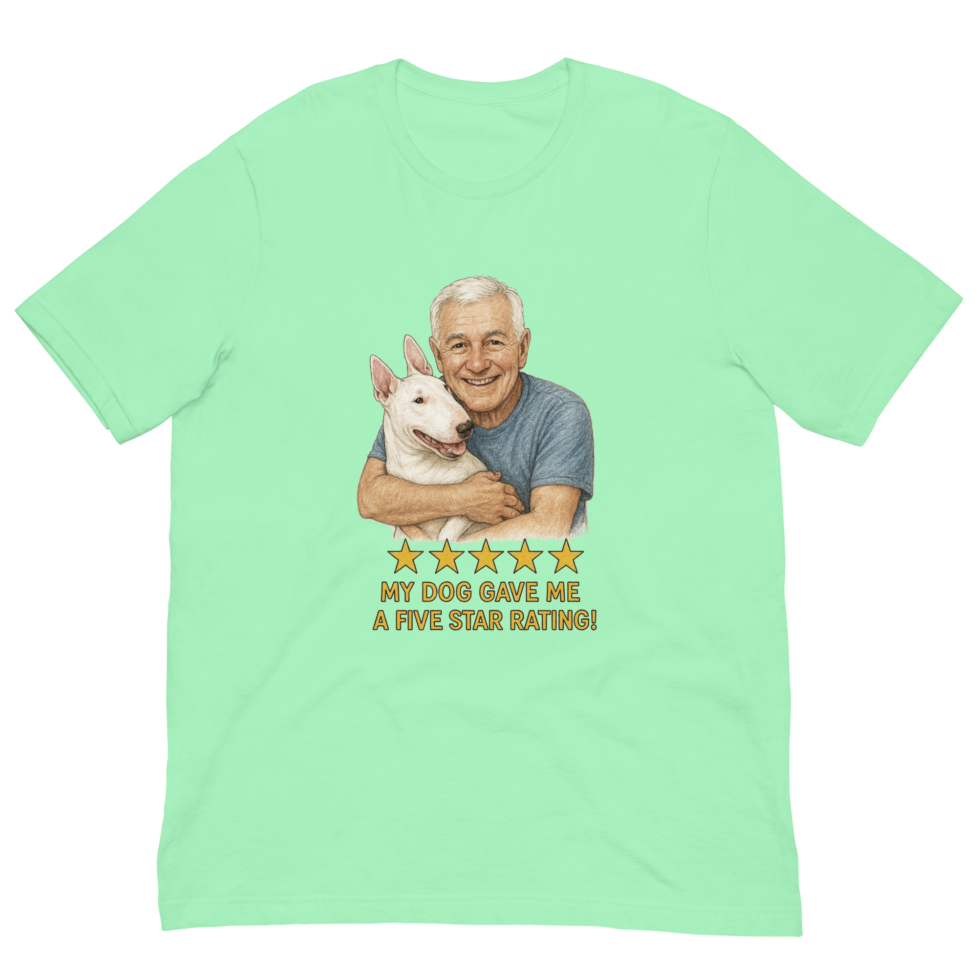 White Hair Man with Bull Terrier graphic tee.