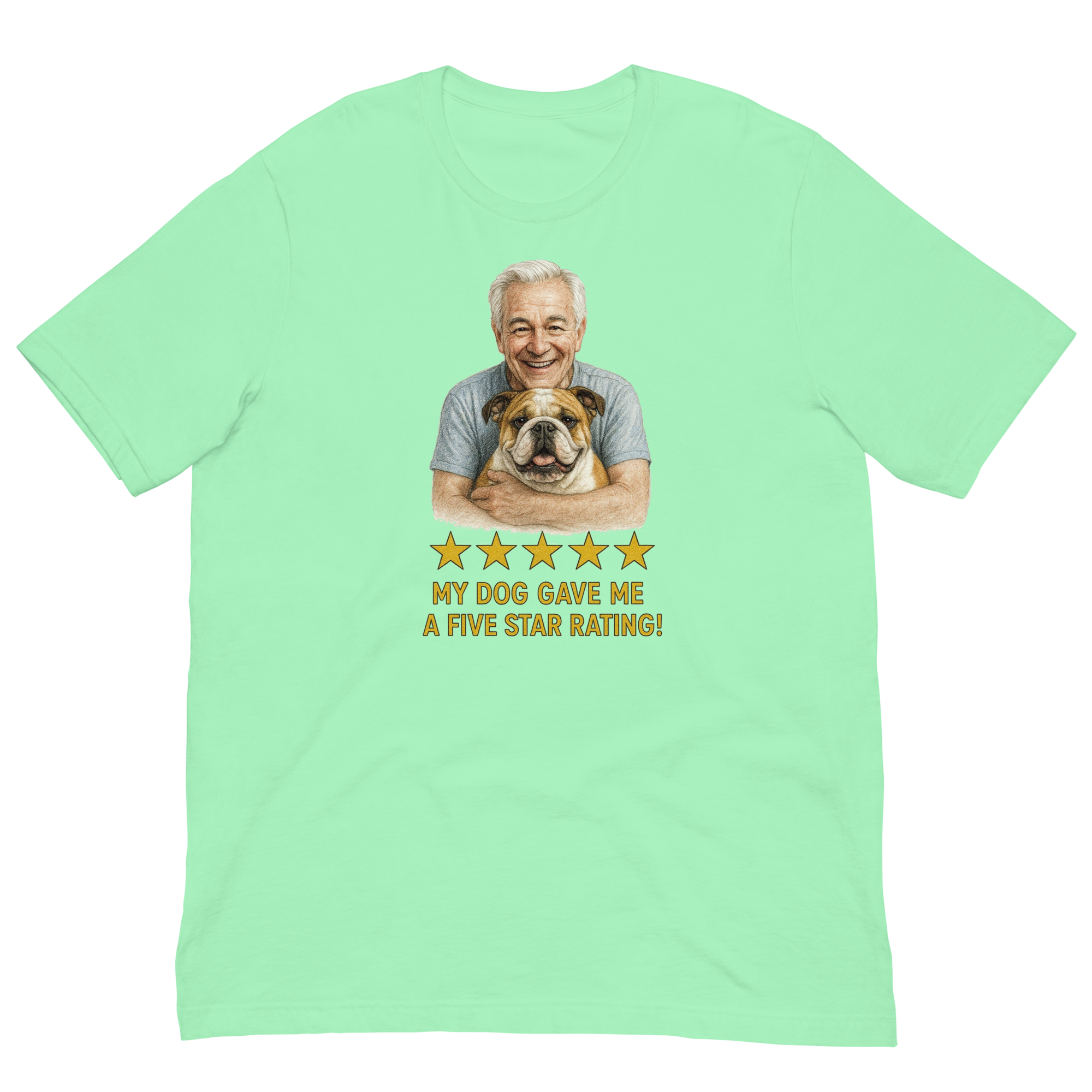 White Hair Man with Bulldog graphic tee.