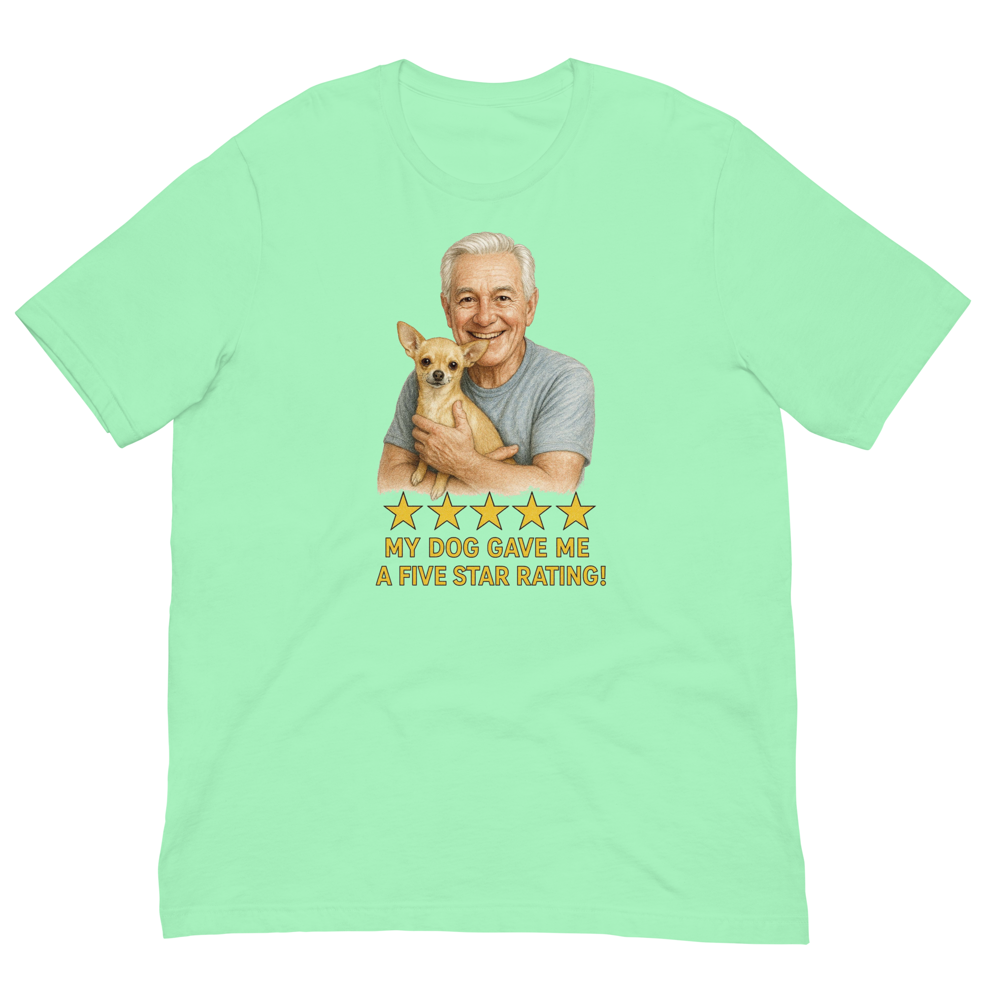 White Hair Man with Chihuahua graphic tee.
