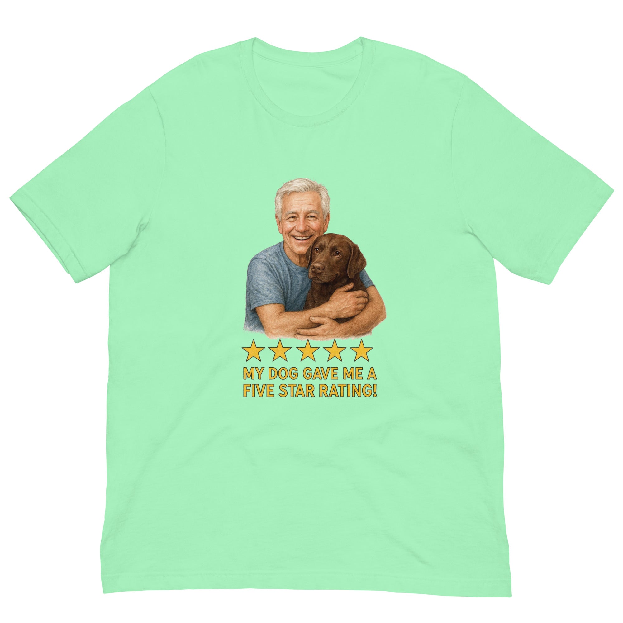 White Hair Man with Chocolate Labrador graphic tee.