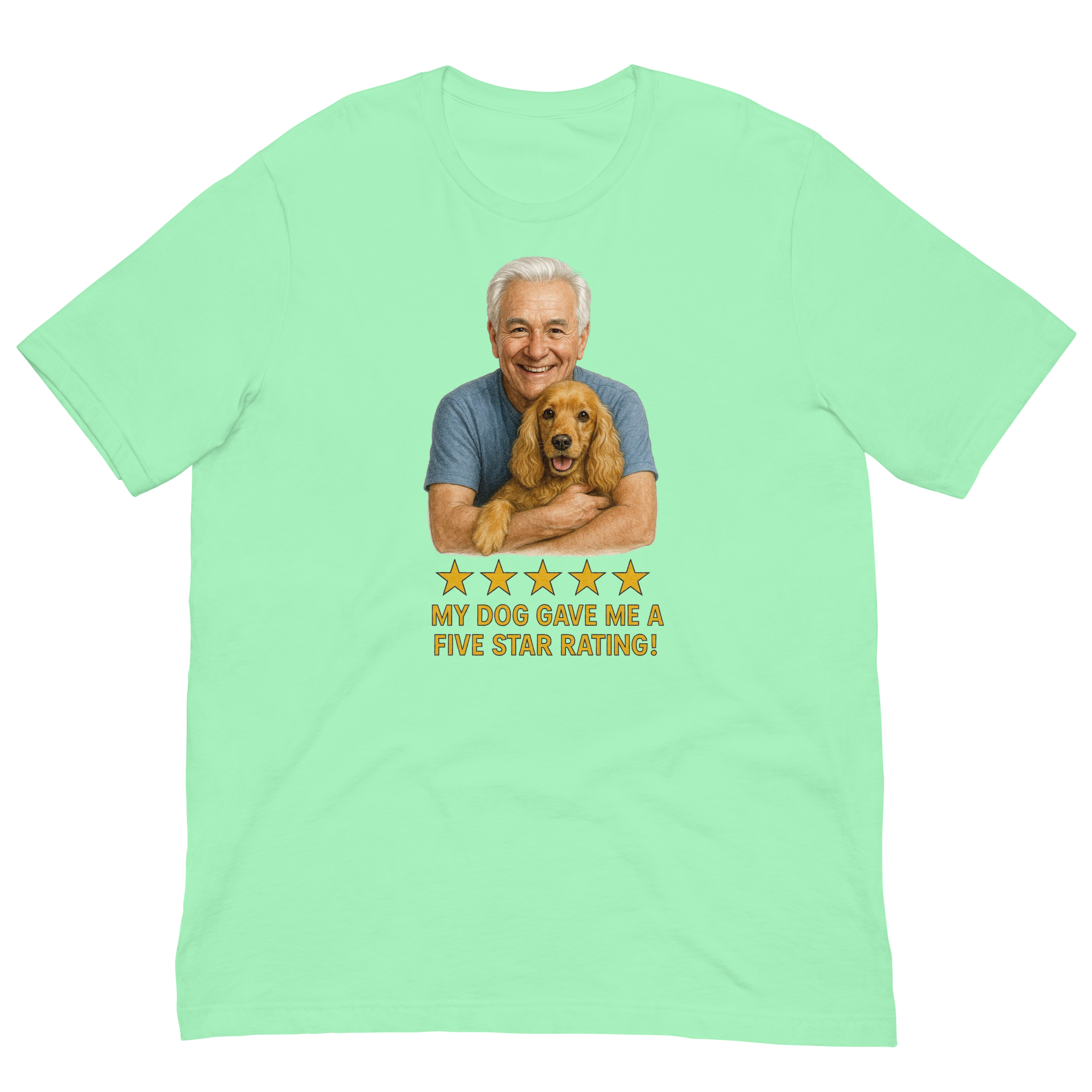 White Hair Man with Cocker Spaniel graphic tee.
