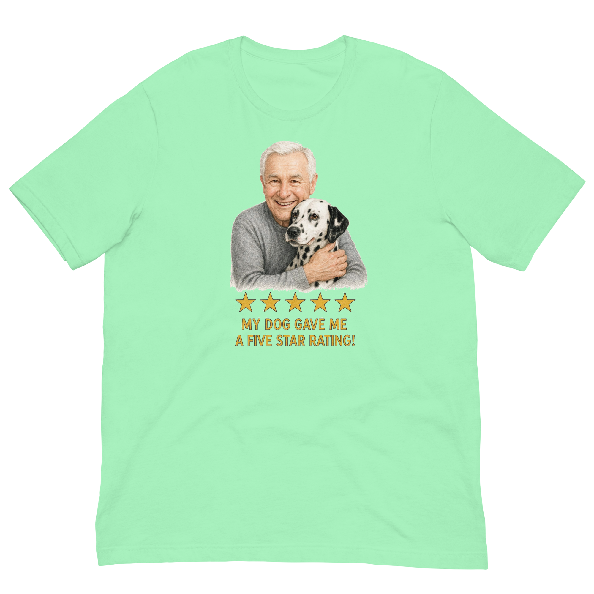 White Hair Man with Dalmatian graphic tee.