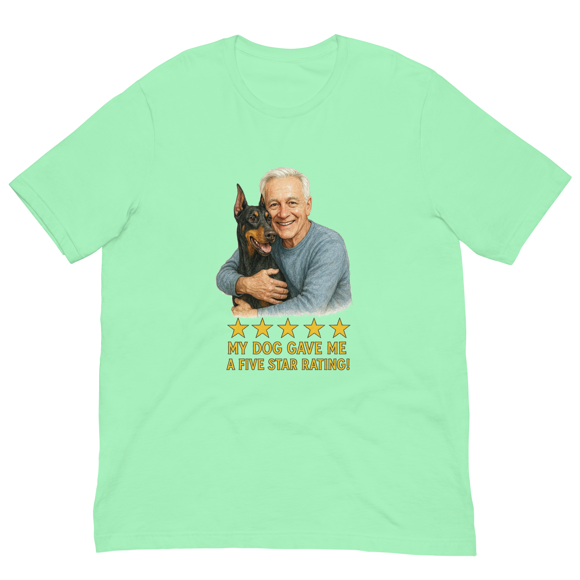 White Hair Man with Doberman Pinscher graphic tee.