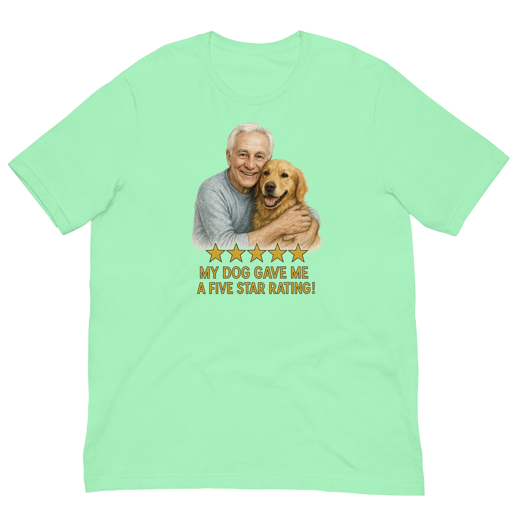 White Hair Man with Golden Retriever graphic tee.