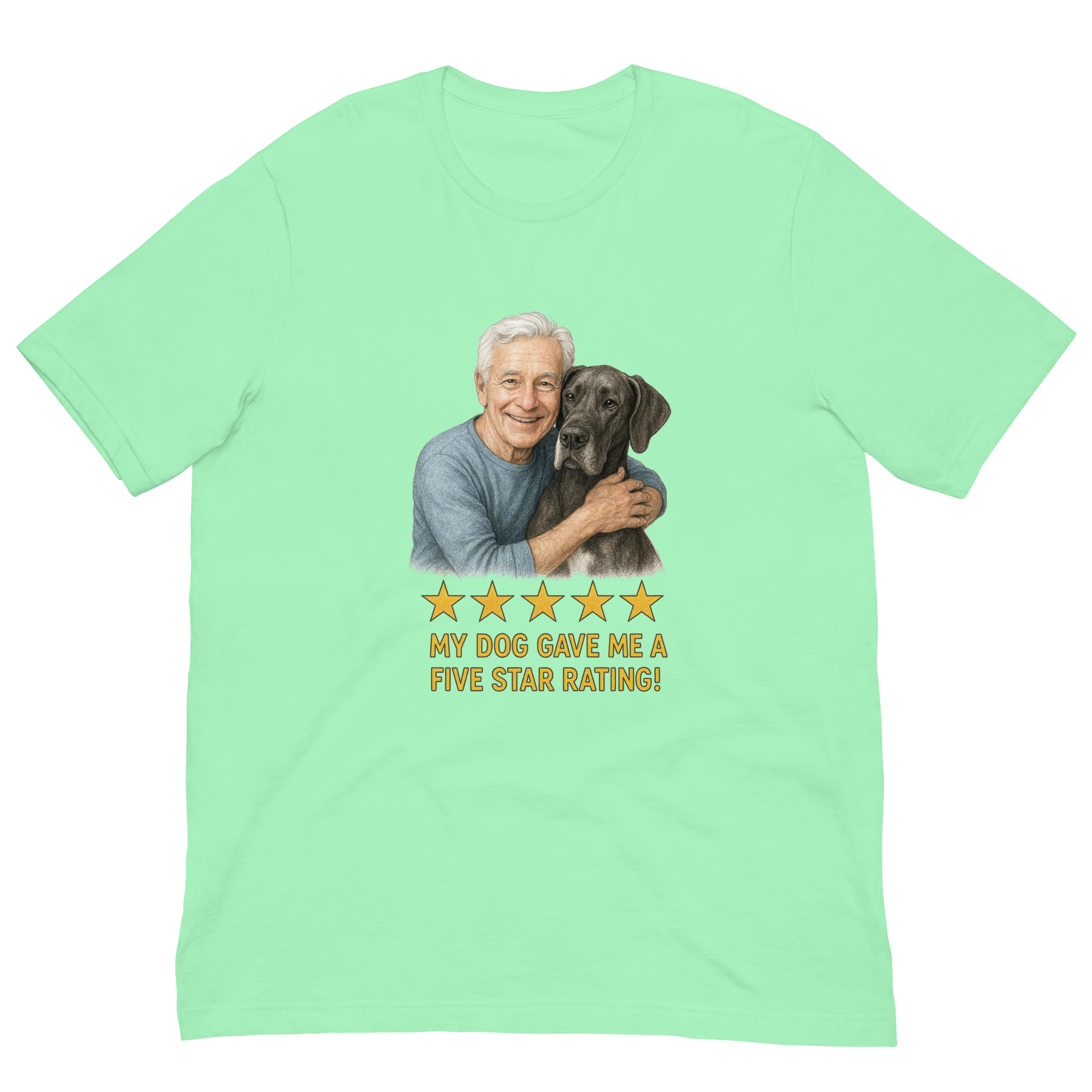 White Hair Man with Great Dane graphic tee.