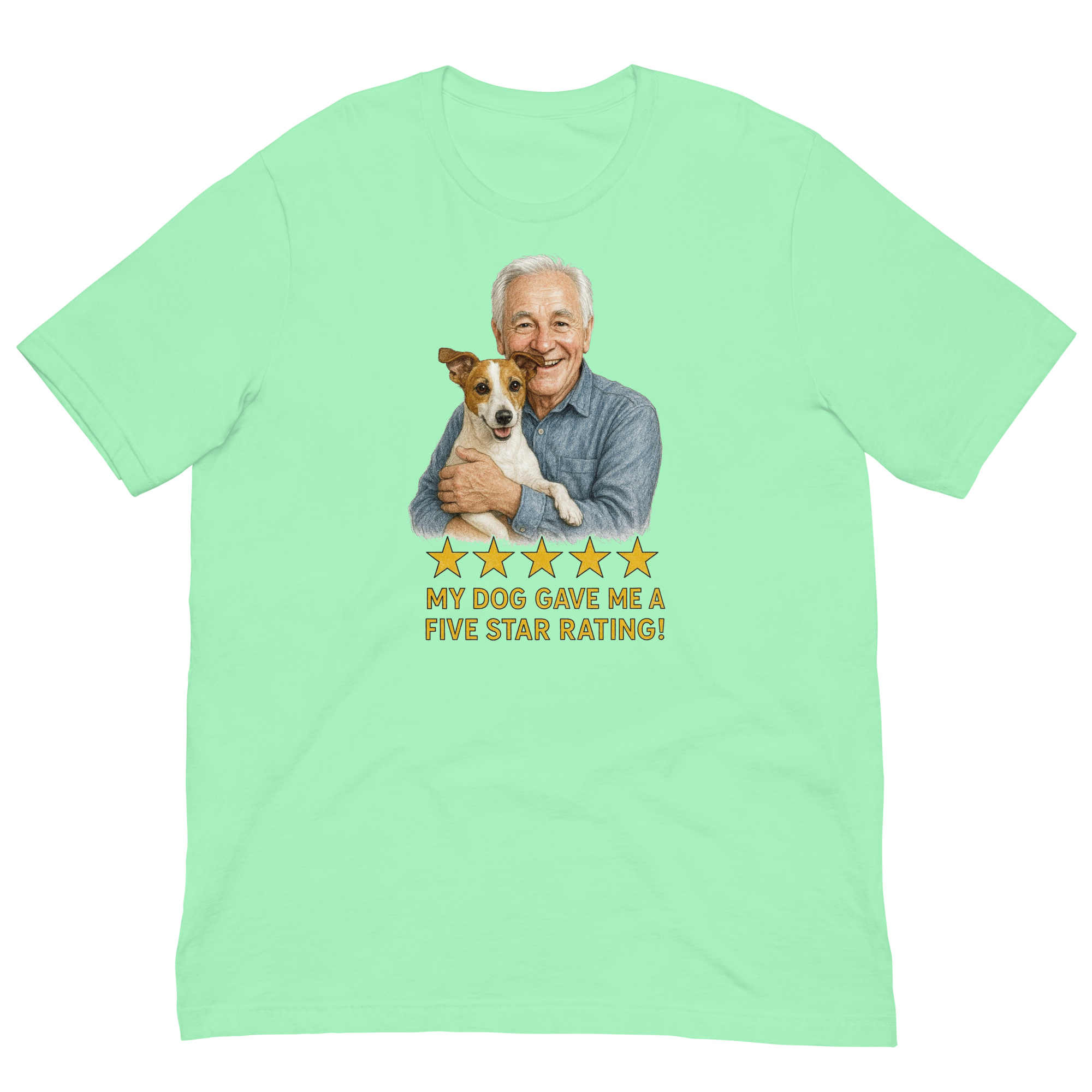 White Hair Man with Jack Russell Terrier graphic tee.