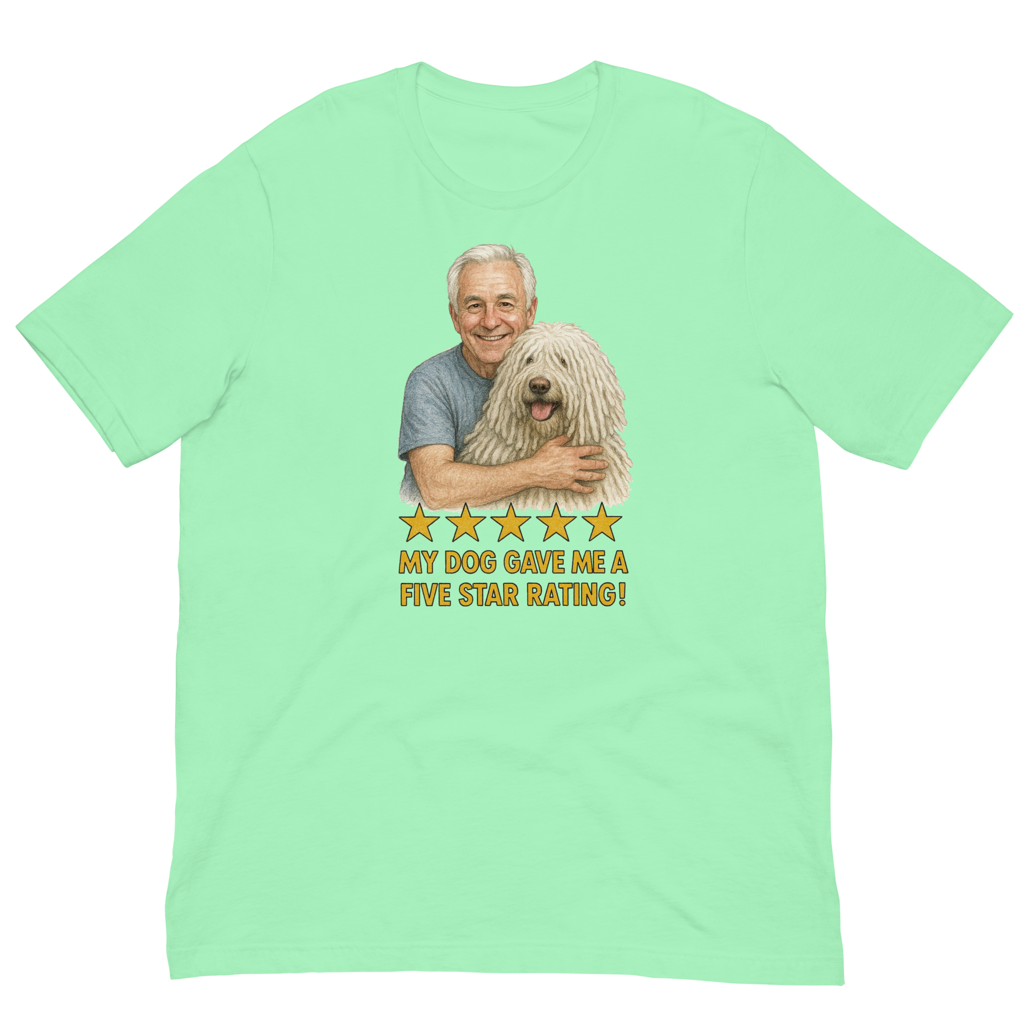 White Hair Man with Komondor graphic tee.