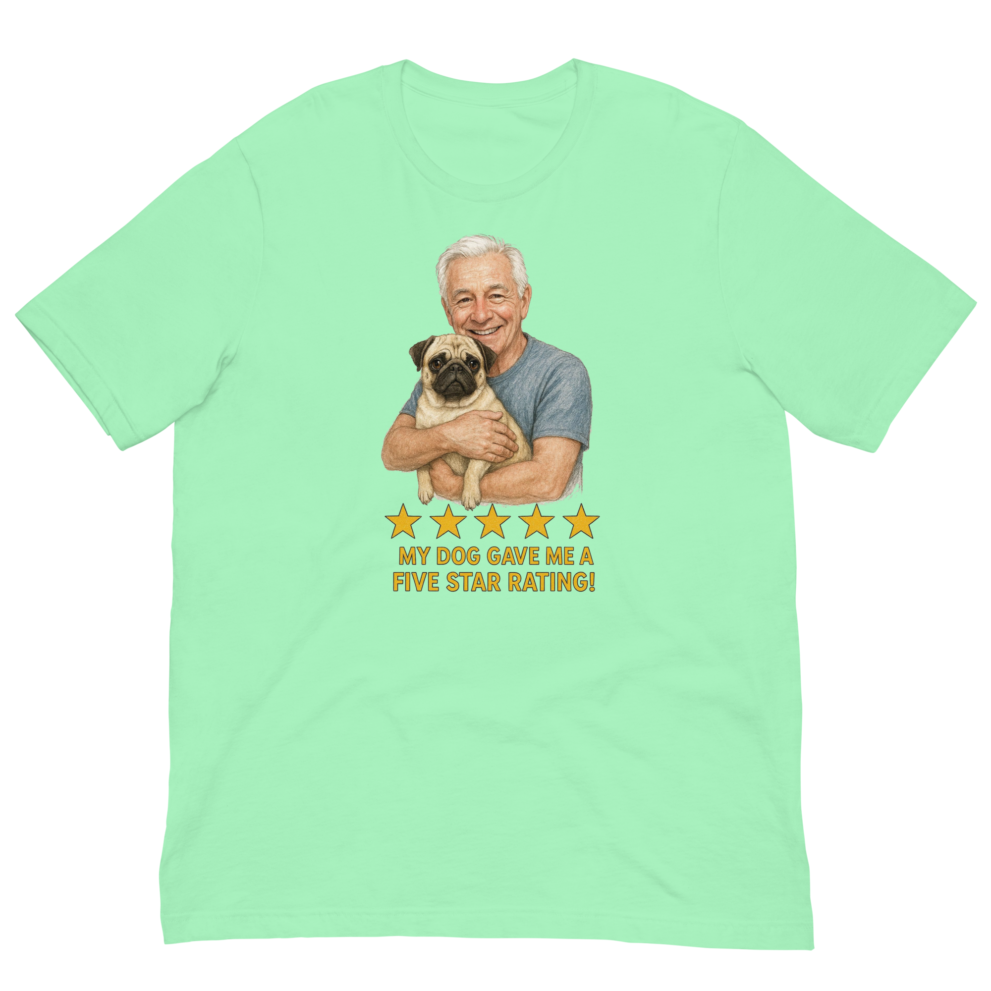 White Hair Man with Pug graphic tee.
