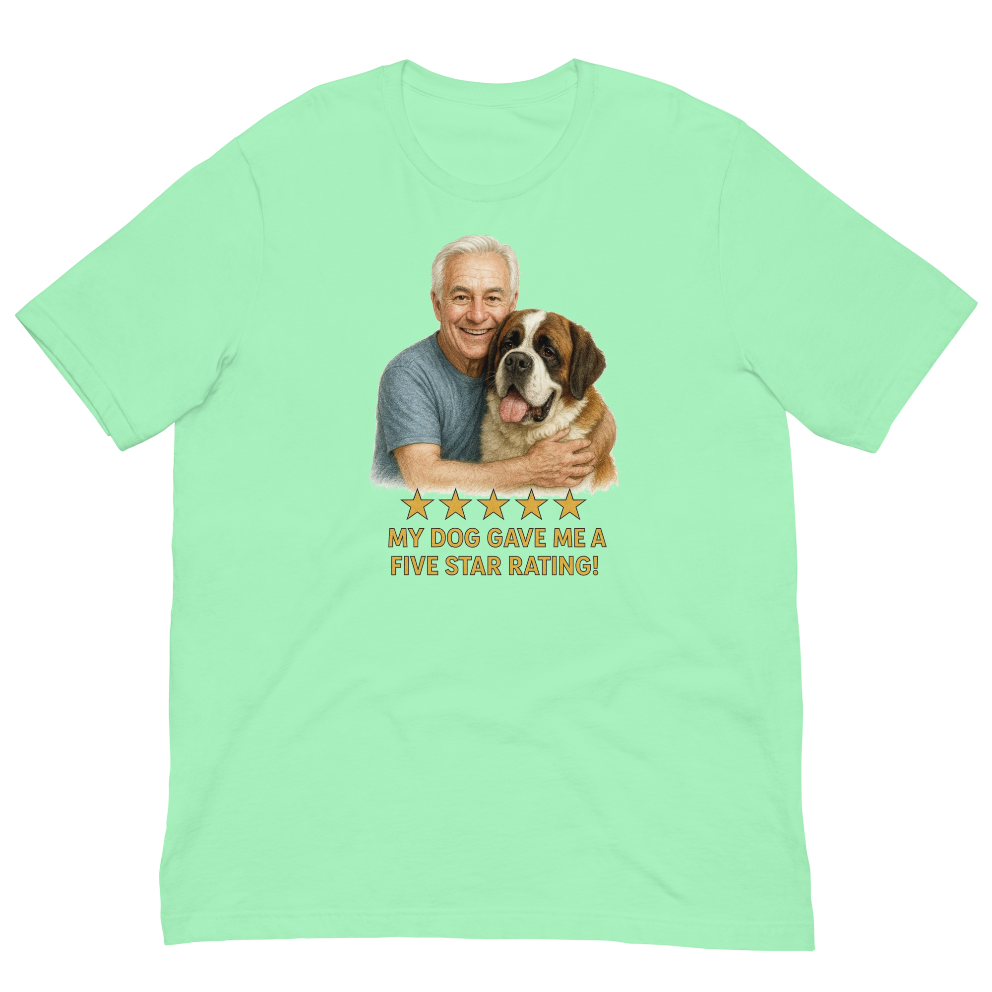 White Hair Man with Saint Bernard graphic tee.