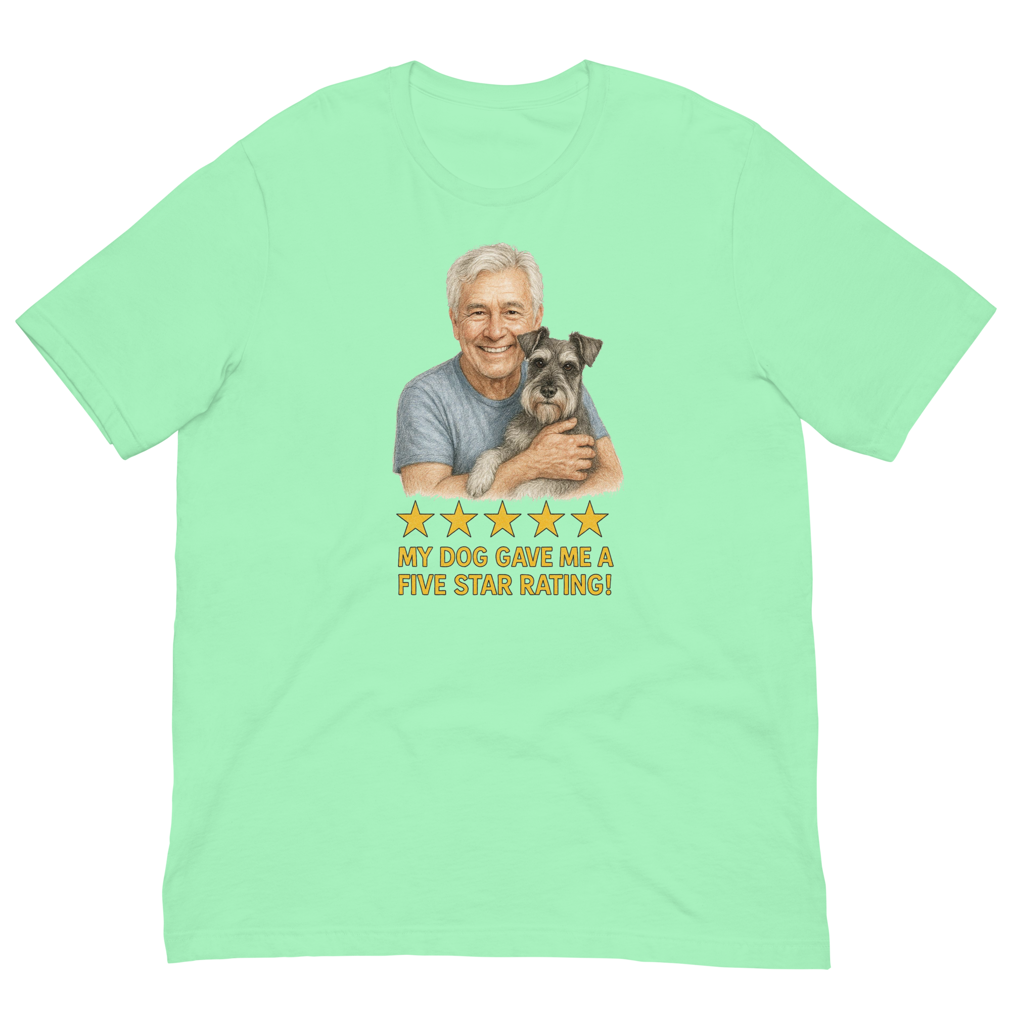 White Hair Man with Schnauzer graphic tee.