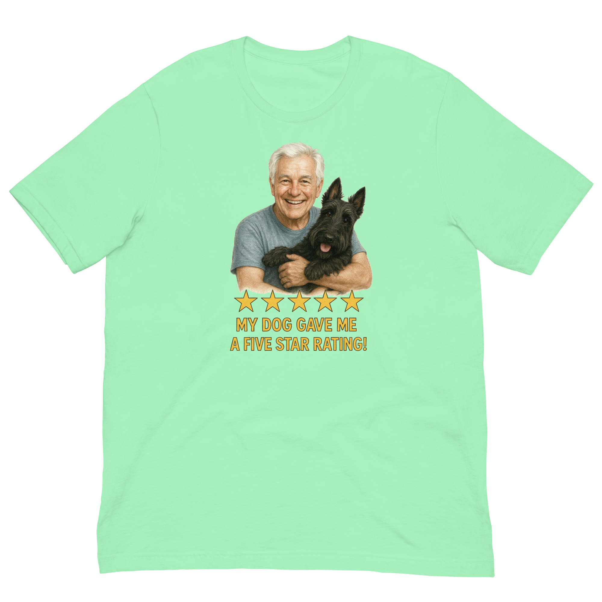 White Hair Man with Scottie graphic tee.