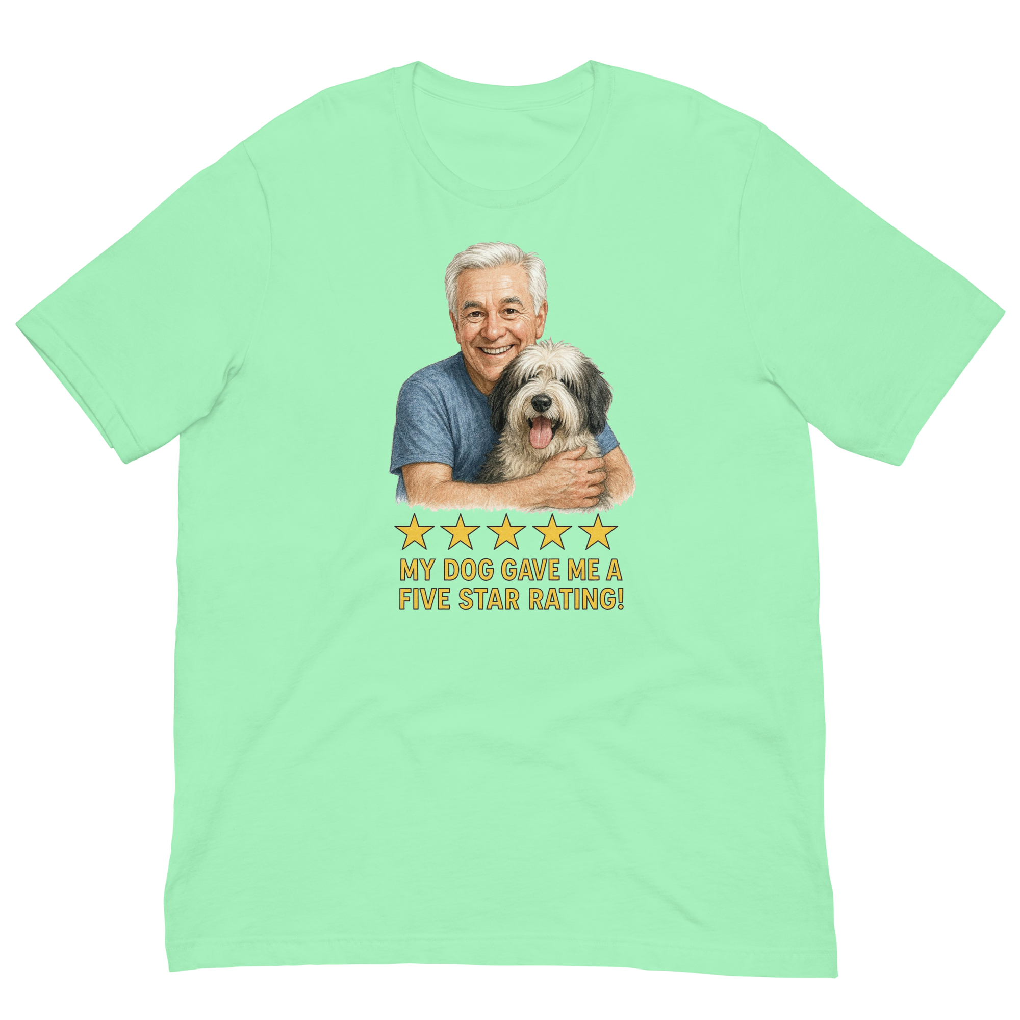 White Hair Man with Sheepdog graphic tee.