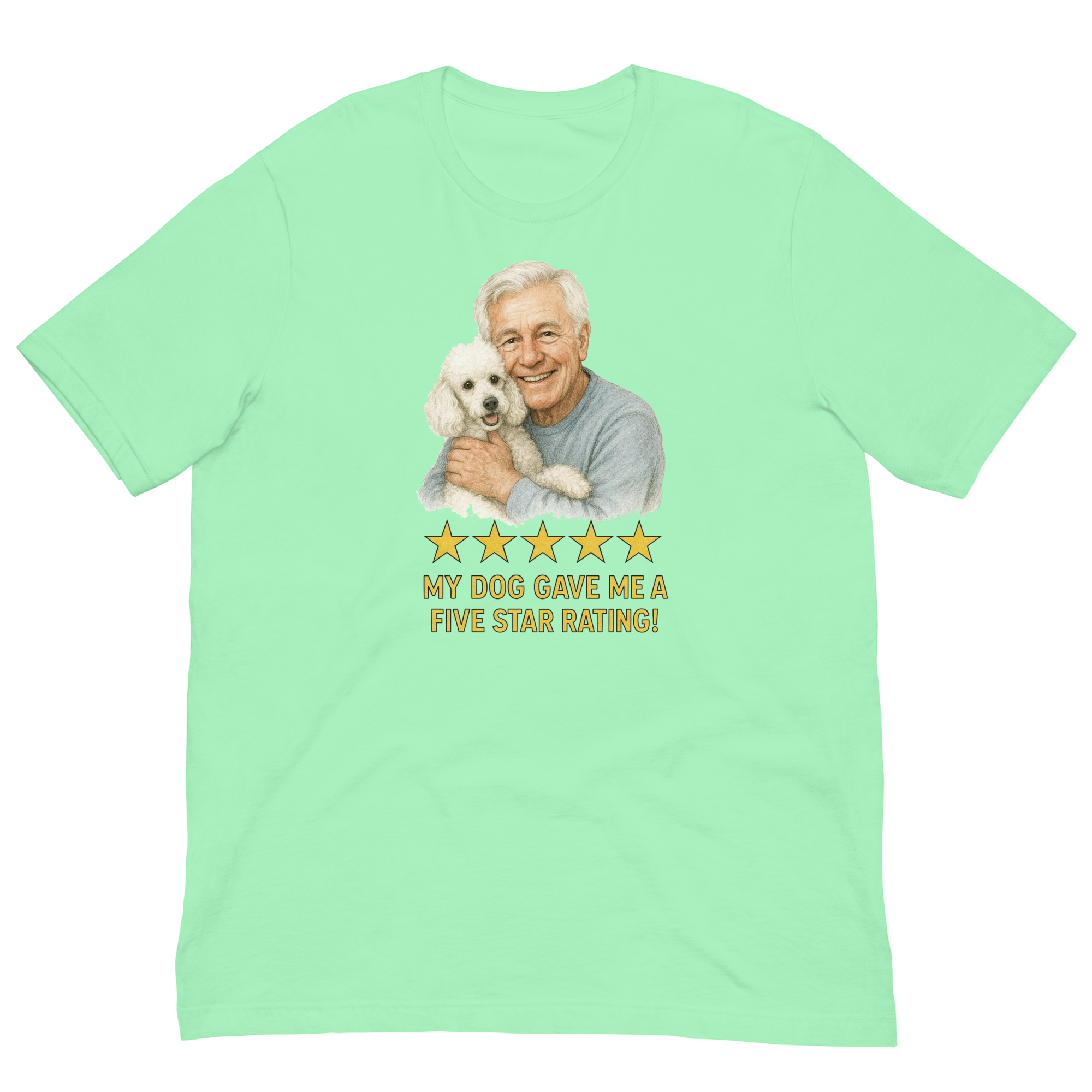 White Hair Man with White Poodle graphic tee.