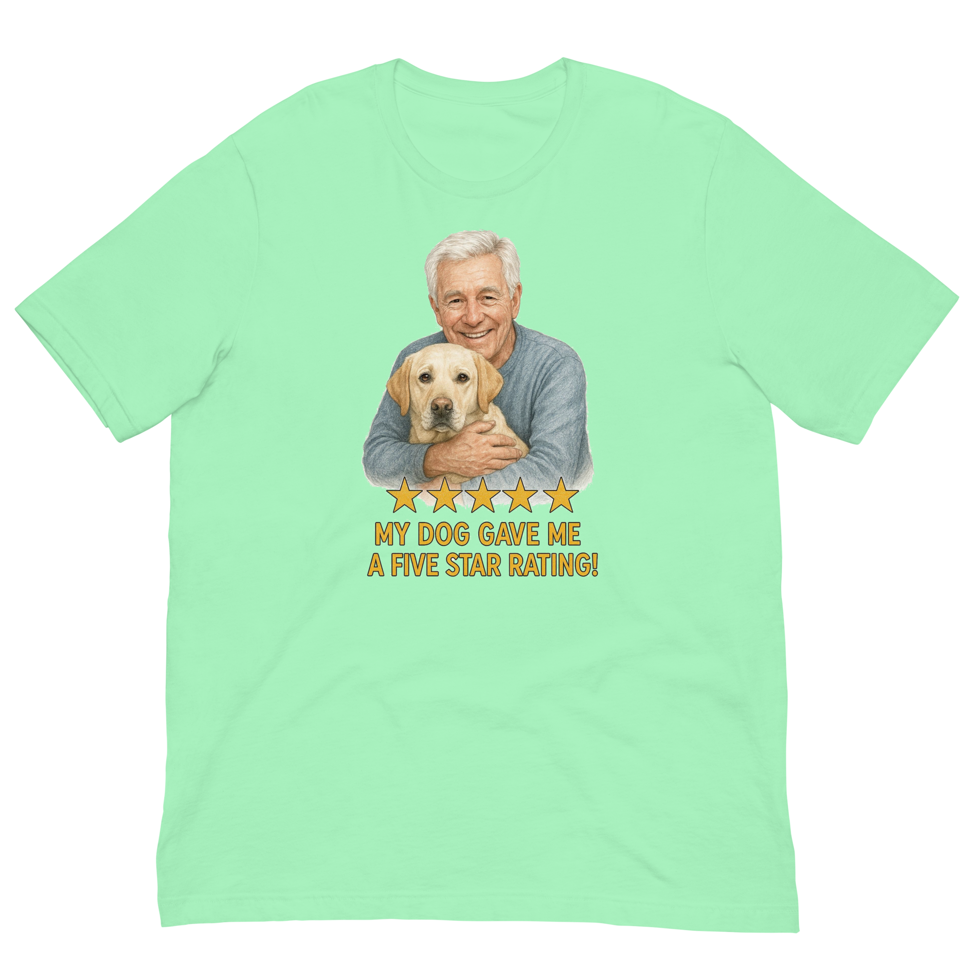 White Hair Man with Yellow Labrador graphic tee.