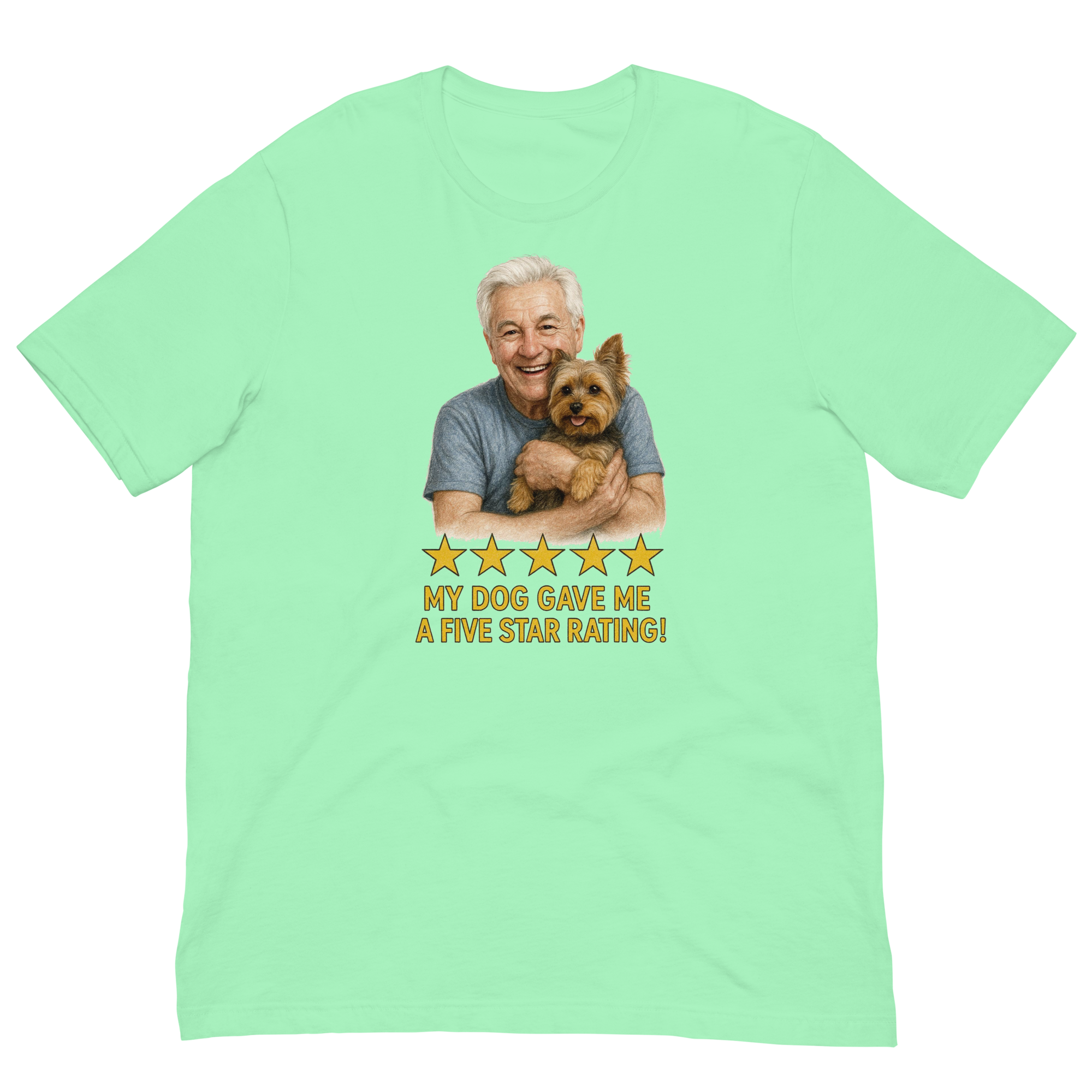 White Hair Man with Yorkie graphic tee.