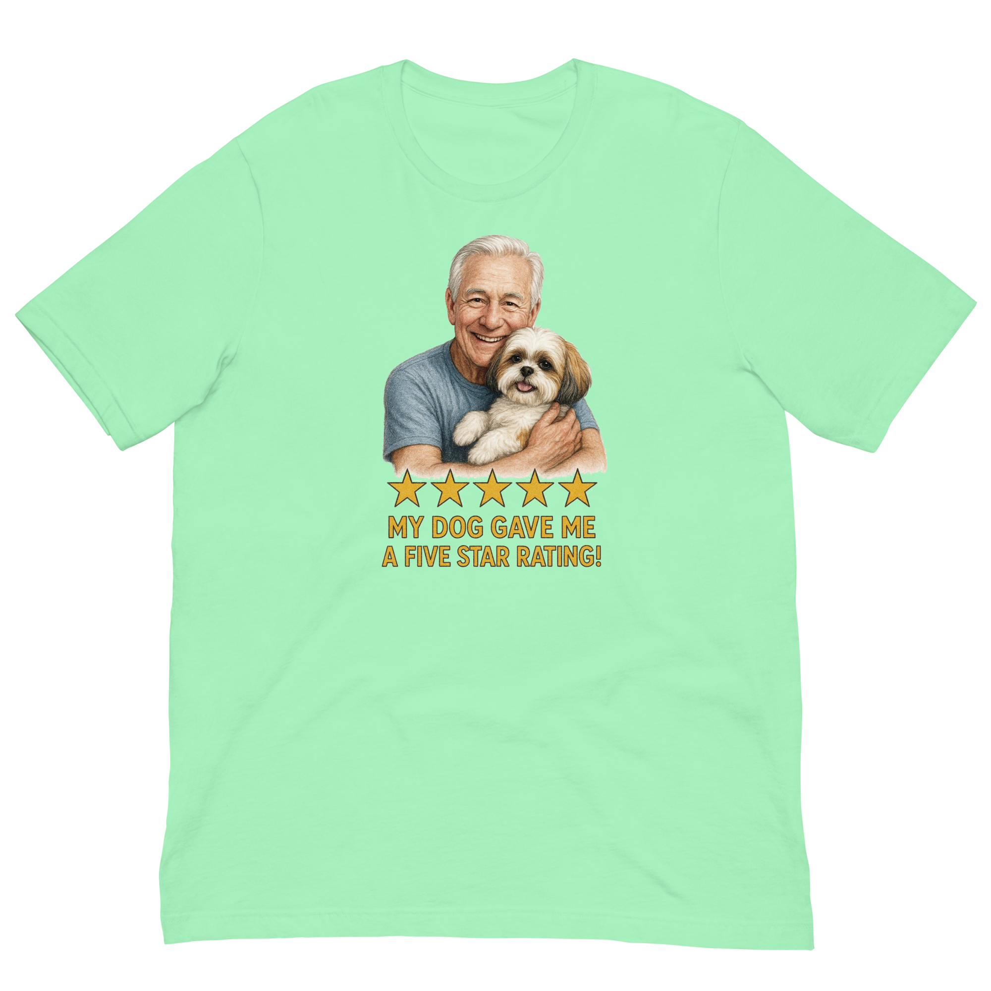 White Hair Man with Shih Tzu graphic tee.