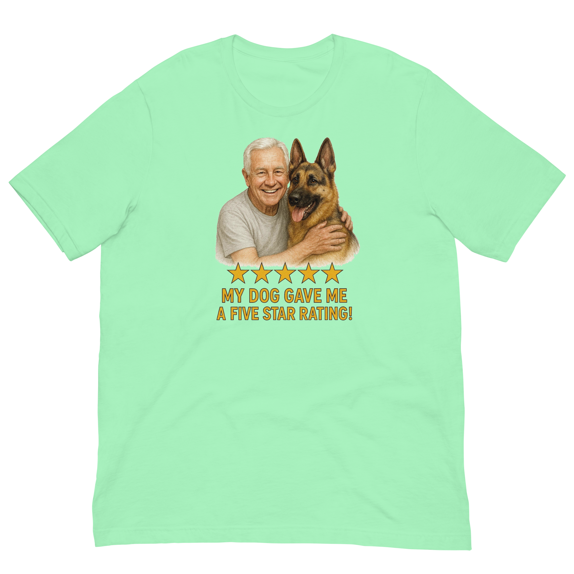 White Hair Man with German Shepherd graphic tee.