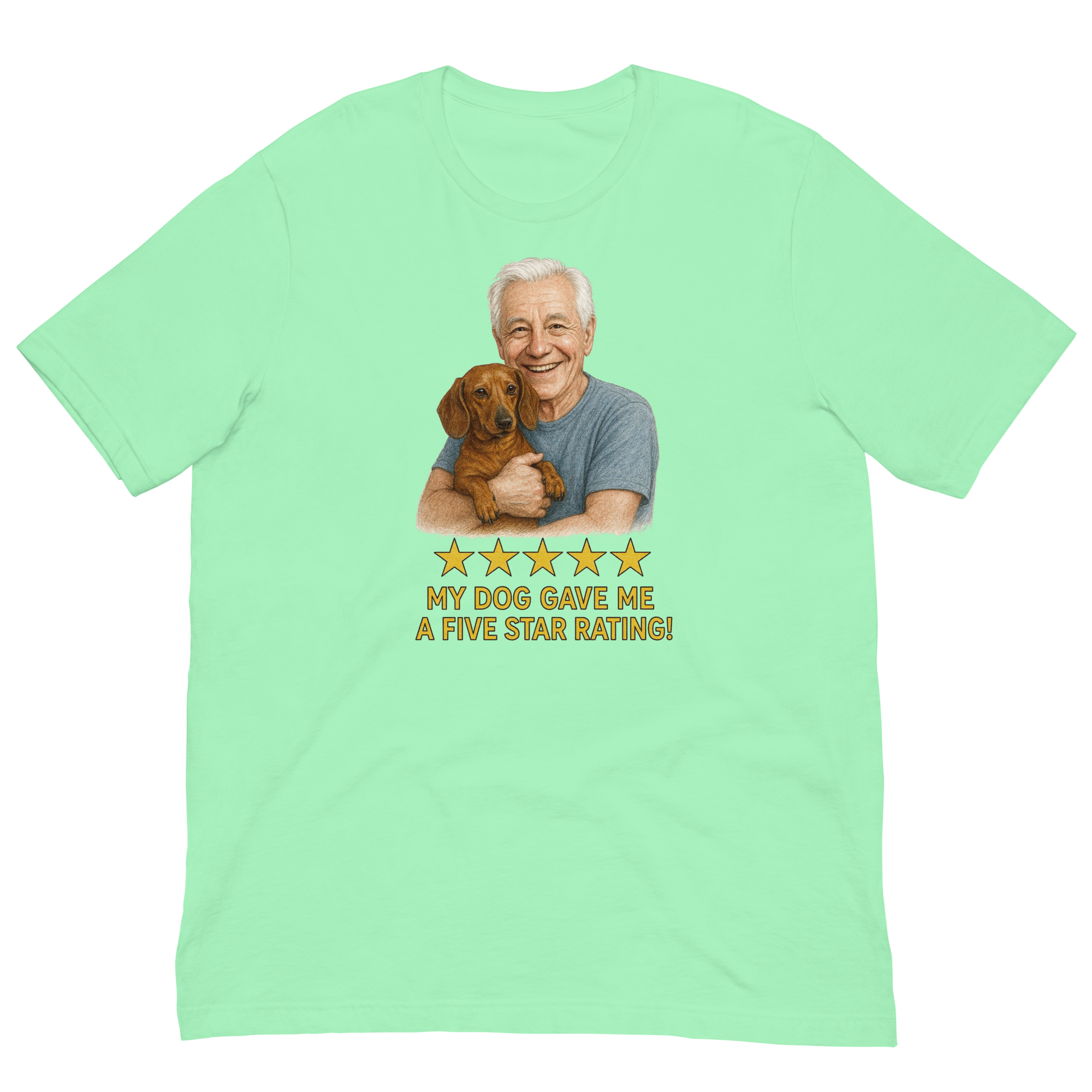 White Hair Man with Dachshund graphic tee.