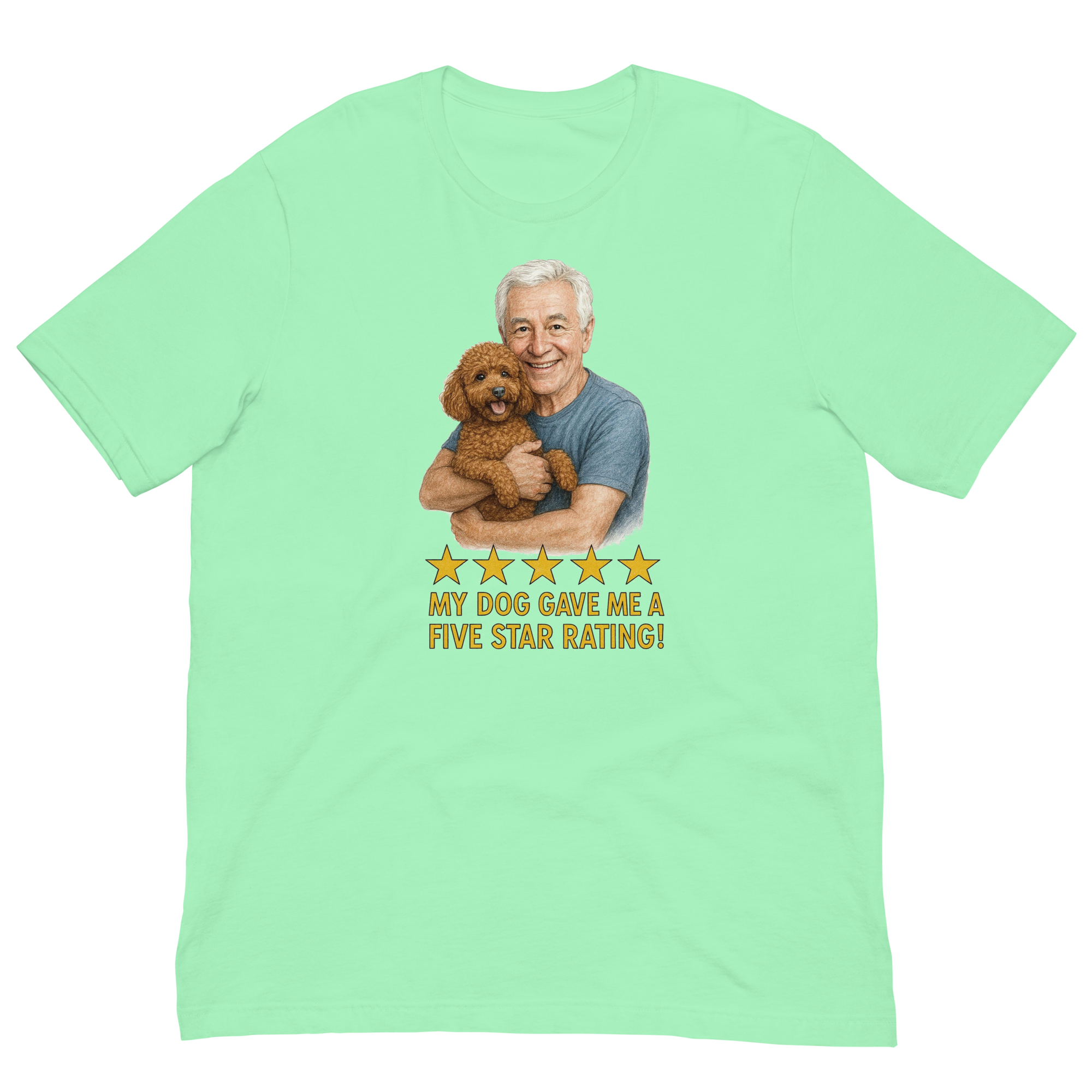 White Hair Man with Brown Poodle graphic tee.
