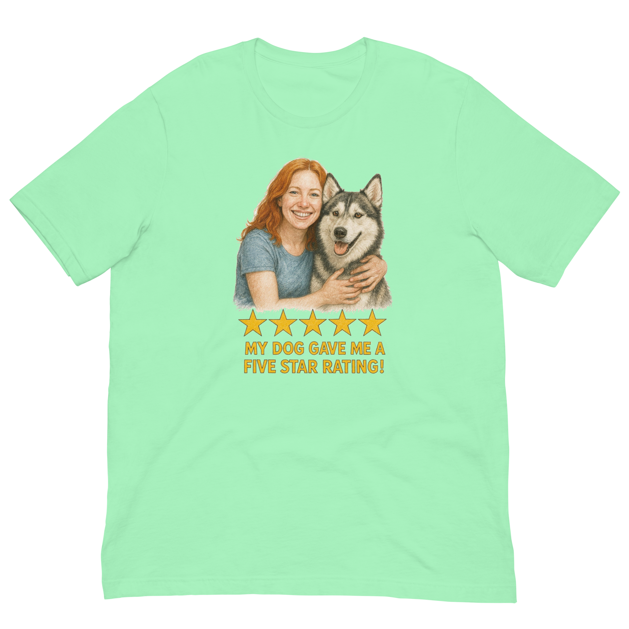Red Hair Woman with Alaskan Husky graphic tee.