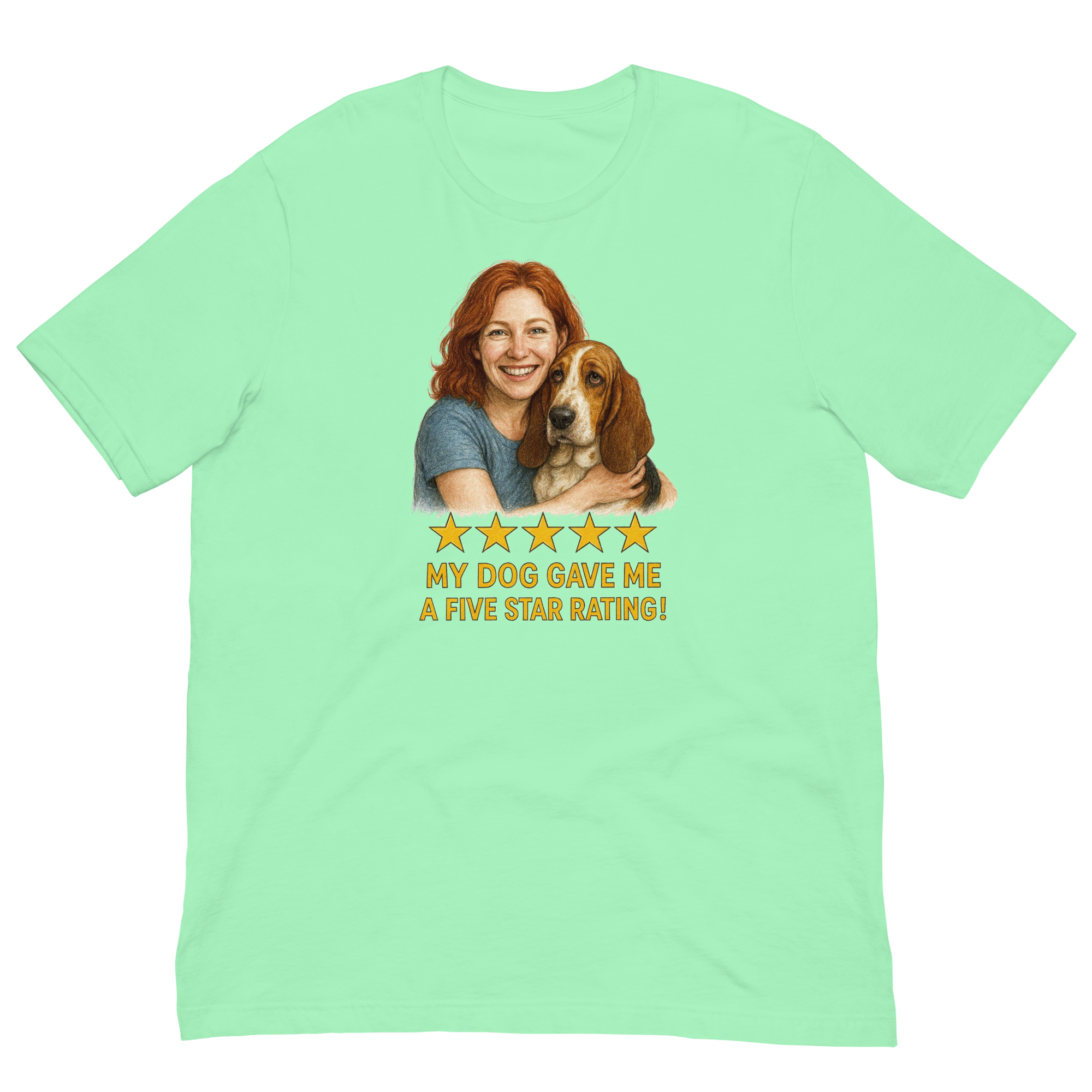 Red Hair Woman with Basset Hound graphic tee.