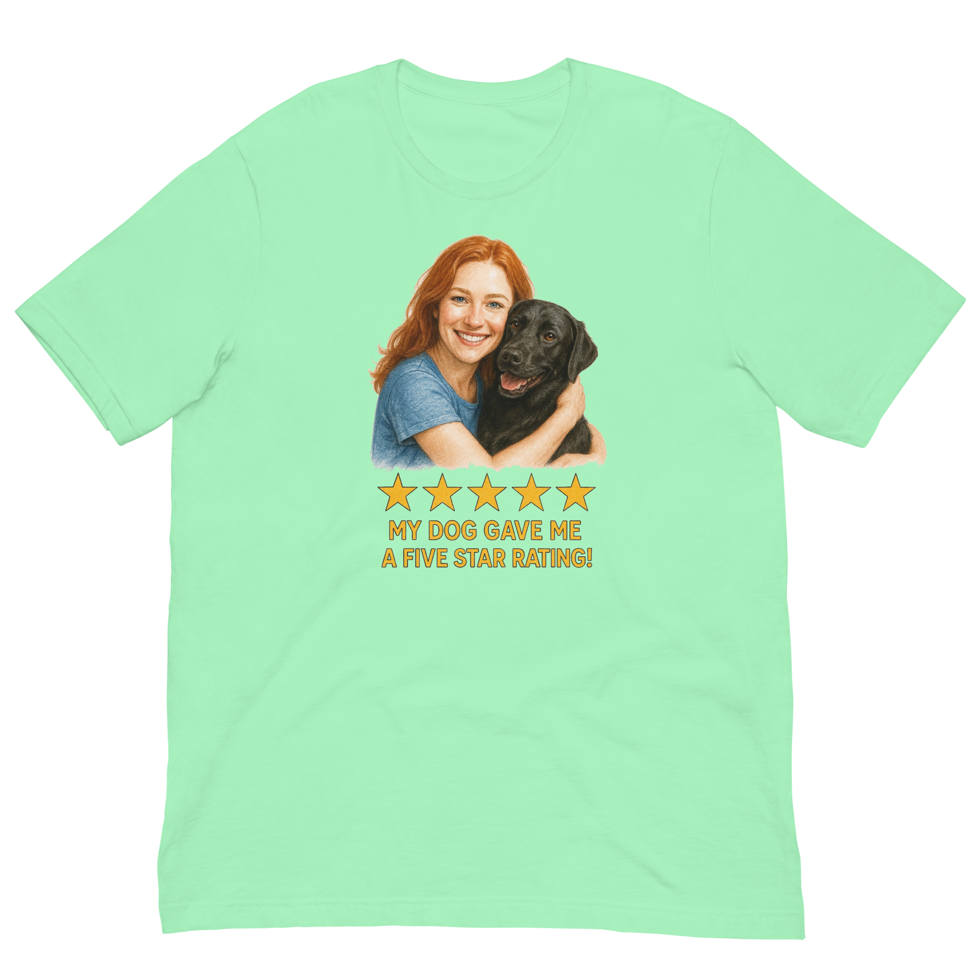 Red Hair Woman with Black Labrador graphic tee.