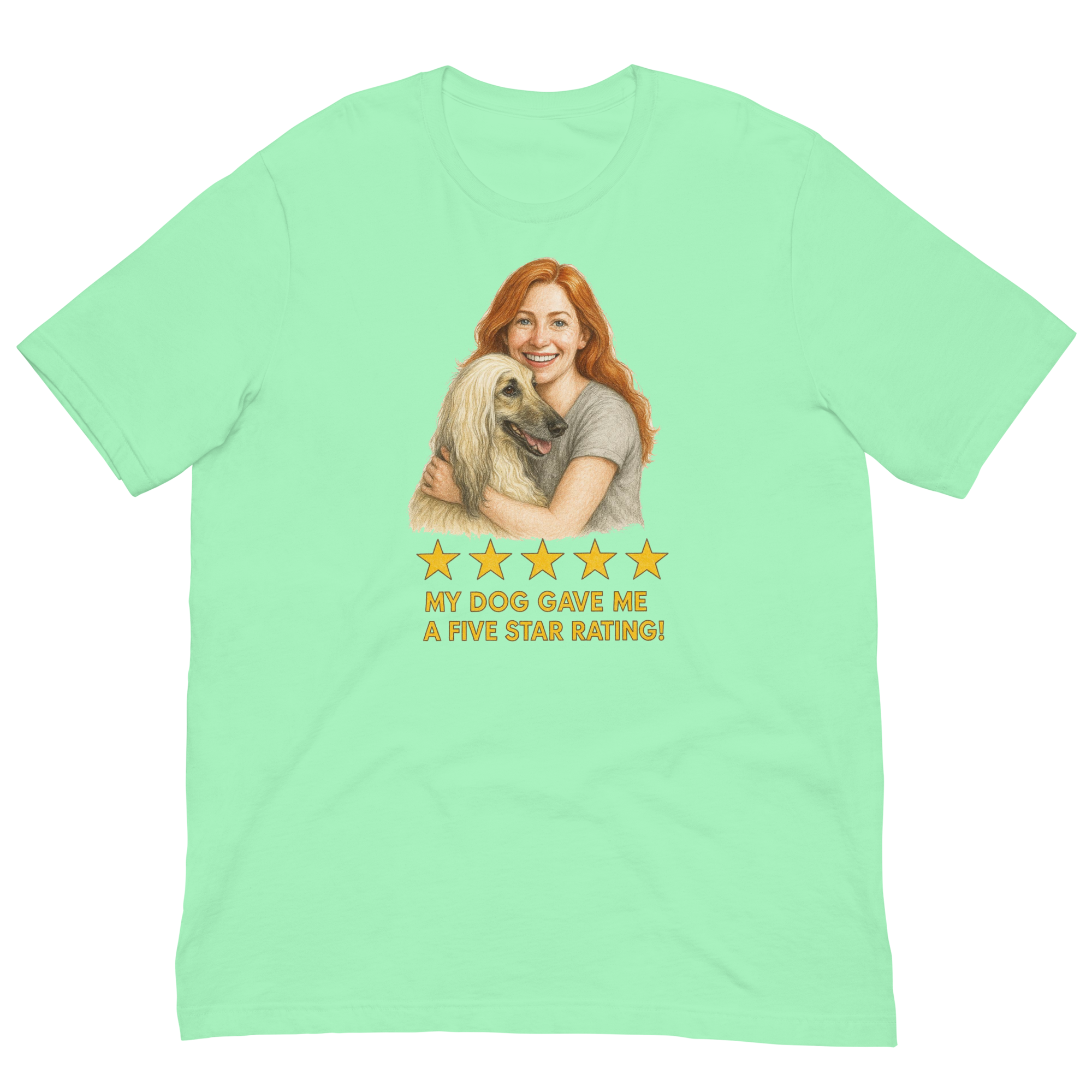 Red Hair Woman with Afghan Hound graphic tee.