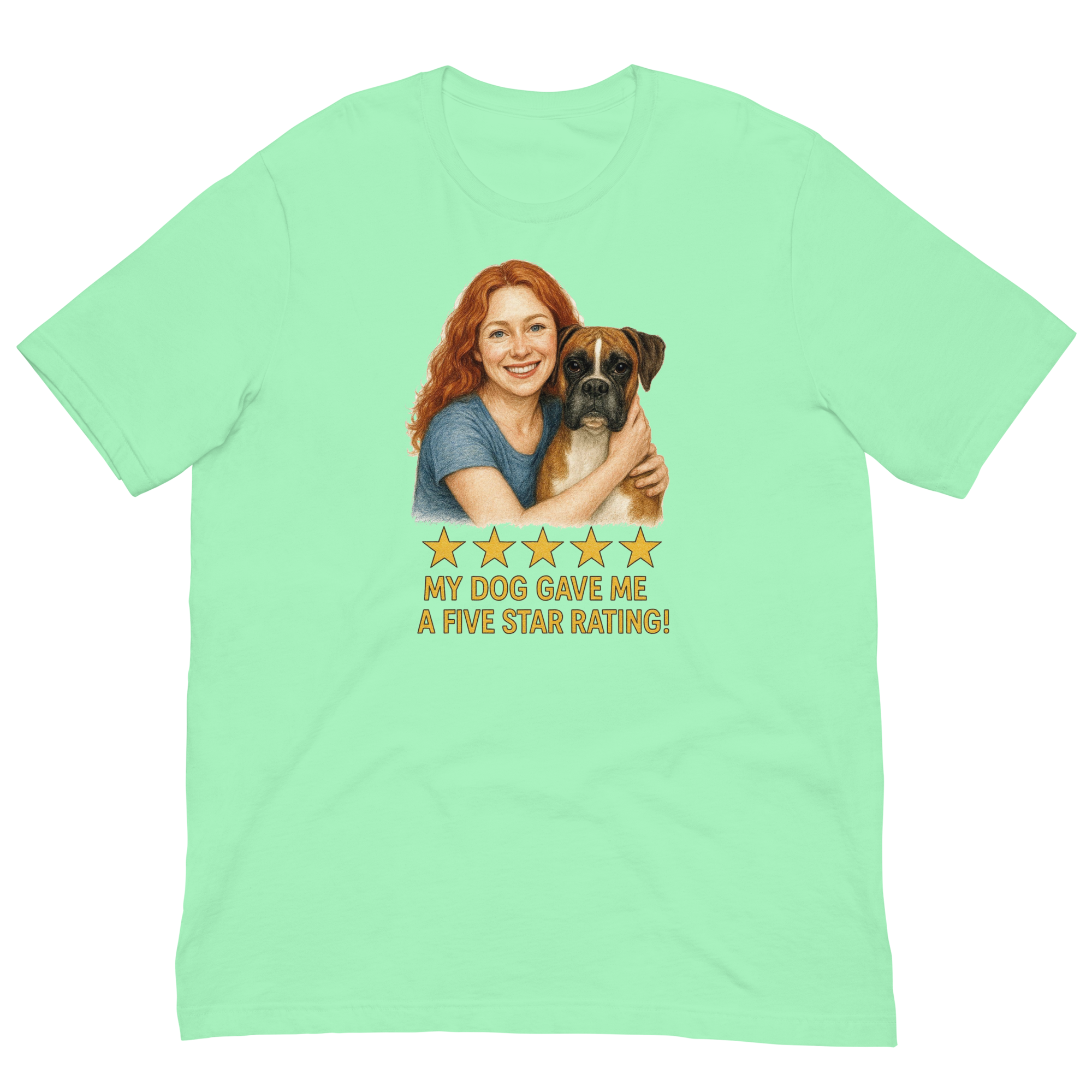 Red Hair Woman with Boxer graphic tee.