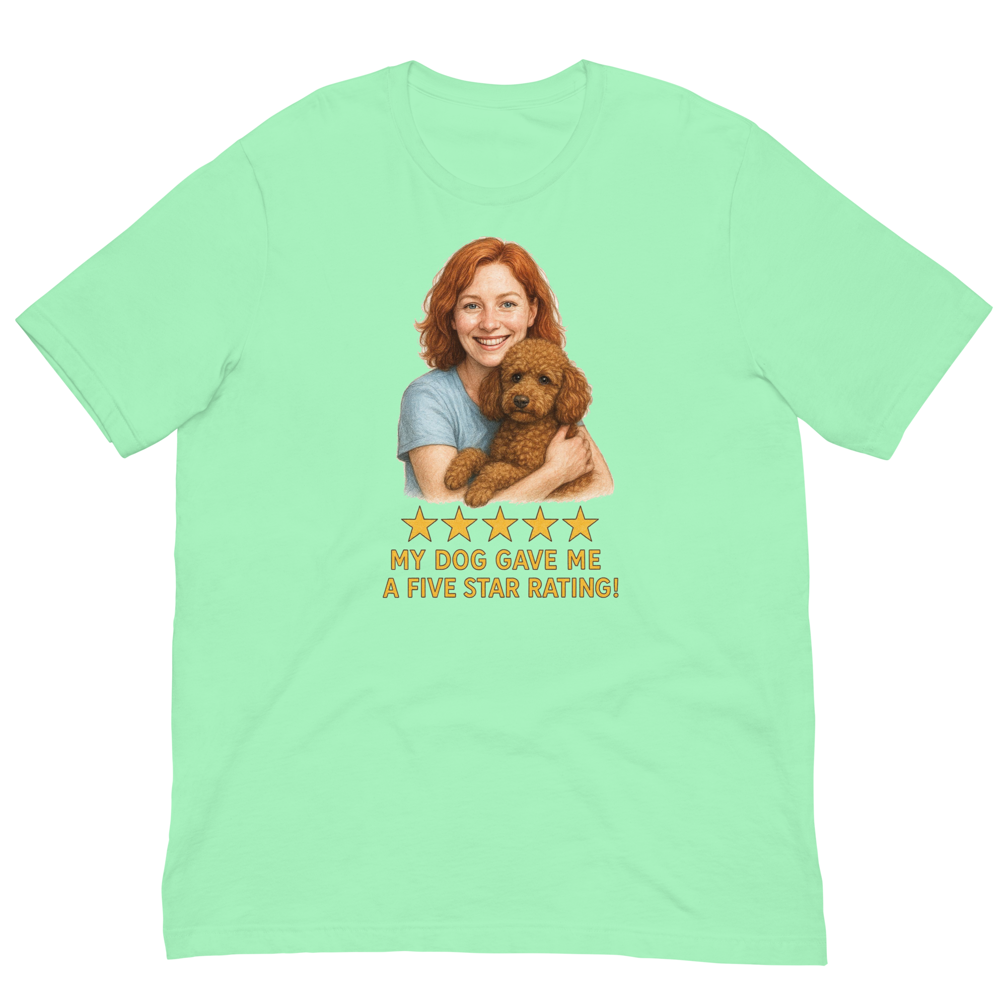 Red Hair Woman with Brown Poodle graphic tee.
