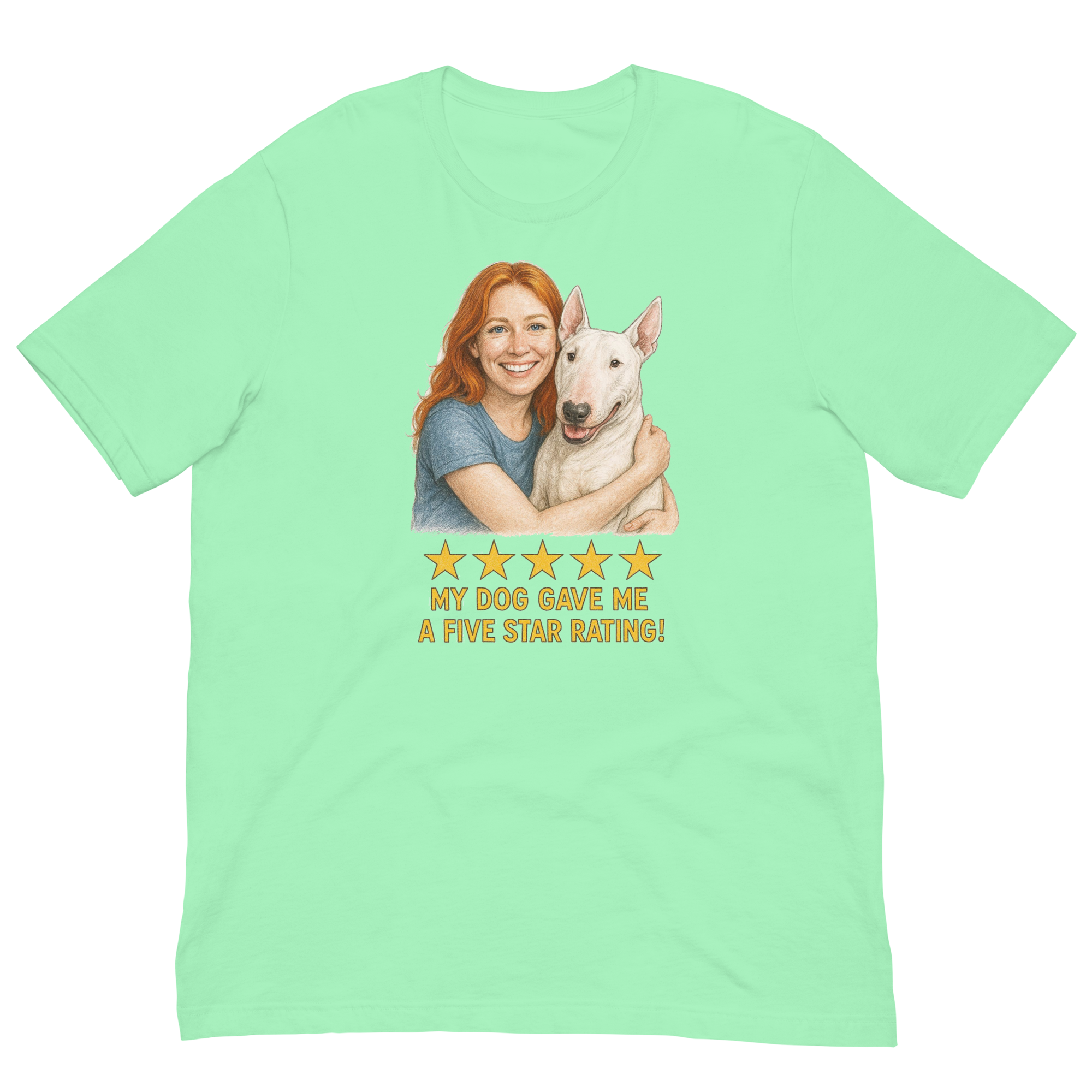 Red Hair Woman with Bull Terrier graphic tee.
