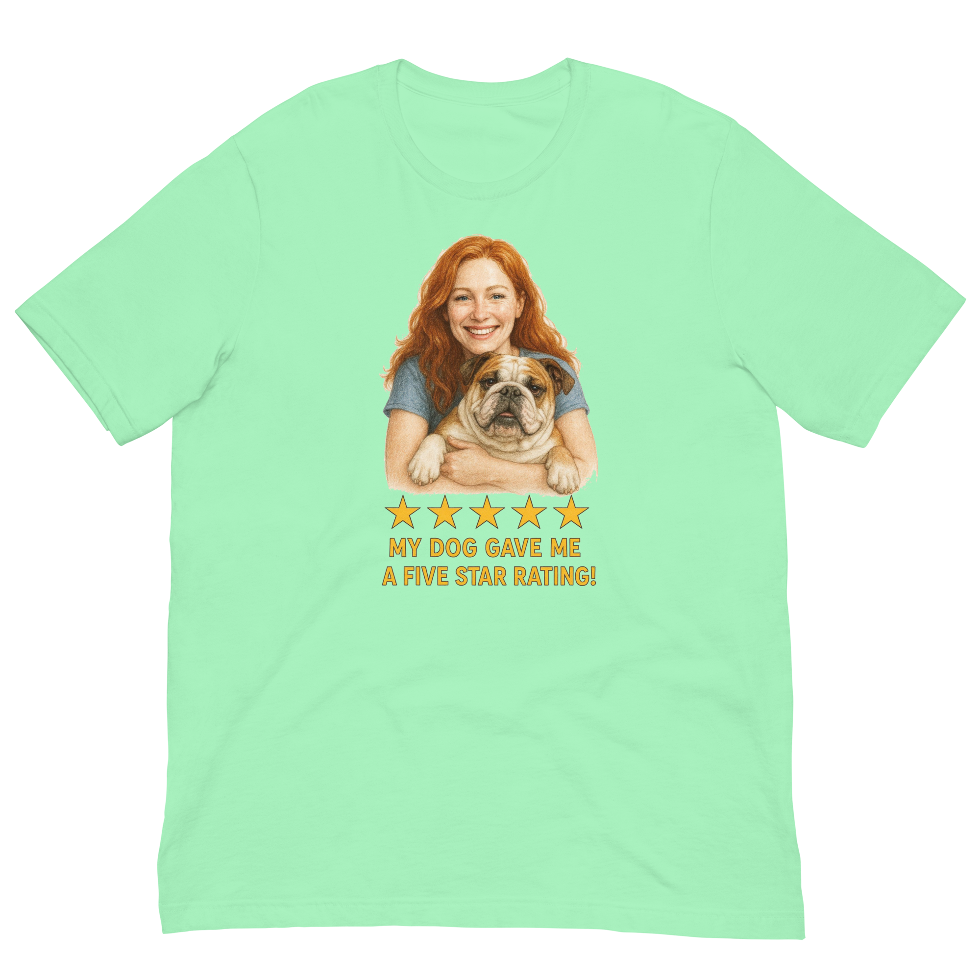 Red Hair Woman with Bulldog graphic tee.