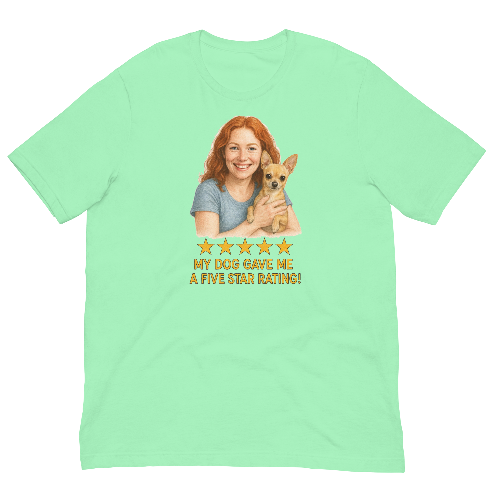 Red Hair Woman with Chihuahua graphic tee.